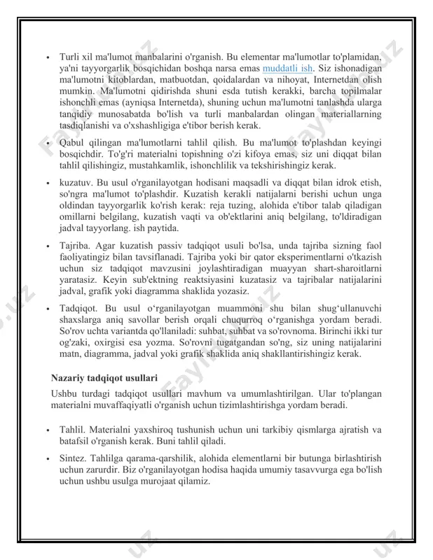 ifiy kichik og'ishlarni bartaraf etishga yordam beradi. · bibliometrik usullar hujjatlashtirish va axborot sohasidagi hodisalarning tuzilishi, o'zaro bog'liqligi va rivojlanish dinamikasini o'rganish imkonini beradi. bunga nashr etilgan nashrlar sonini hisoblash va kontent tahlili va iqtibos indeksi kiradi, ya'ni. turli manbalardan iqtiboslar hajmini aniqlash. ular asosida o'rganilayotgan hujjatlarning muomalaga layoqatliligini, bilimning turli sohalarida ulardan foydalanish darajasini kuzatish mumkin. kontent tahlili alohida e'tiborga loyiq, chunki u o'ynaydi muhim rol katta hajmdagi turli hujjatlarni o'rganishda. uning mohiyati ma'lum mualliflar, asarlar, kitoblarning nashr etilgan sanalari bo'lishi mumkin bo'lgan semantik birliklarni hisoblashdan iborat. ushbu usuldan foydalangan holda o'rganish natijasi aholining axborotga qiziqishi va ularning axborot madaniyatining umumiy darajasi to'g'risidagi ma'lumotlardir. sifatli tadqiqot usullari ushbu guruhda birlashtirilgan usullar o'rganilayotgan hodisalarning sifat xususiyatlarini aniqlashga qaratilgan bo'lib, ular asosida biz jamiyatdagi turli jarayonlarning asosiy mexanizmlarini, shu jumladan ommaviy axborot vositalarining ongga ta'sirini ochib berishimiz mumkin. individual shaxs yoki aholining turli qatlamlari tomonidan axborotni idrok etishning ayrim xususiyatlari. sifatli …