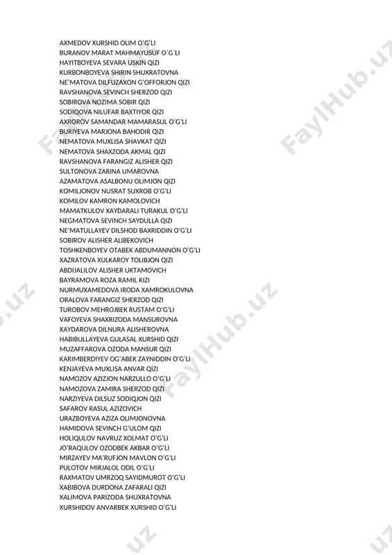 k xurshid o‘g‘li lutfullayev zikrillo xayrullo o‘g‘li mavlonkulova shaxzoda mansurovna sariyeva xosiyat otabek qizi shavkatov quvonchbek hasan o‘g‘li taylakova durdona raxmidinovna aminova fotima sherzodovna davlatov azizbek anvar o‘g‘li donayev azizbek otabek o‘g‘li elmurodova azizabonu muzaffar qizi eshnazarov nodirbek xujanazar o‘g‘li islomov damir g‘ayrat o‘g‘li kozimova komila komilovna mirzayeva safiya izzatillo qizi raxmatov shaxzod umid o‘g‘li toxirov shohruxjon odilovich abdiyev sarvar sherzod o‘g‘li dexkonova shoxista sherali qizi kenjayev doniyor jasur o‘g‘li ochilova zarifa sodiqjonovna o‘sarova lola salimjonovna raxmonqulov shoxrux raximjon o‘g‘li raxmonqulova ziyoda sobir qizi toshbotirov ozodbek otamurod o‘g‘li xudoyorova sultona raxmiddin qizi abduxakimov fazliddin doniyor o‘g‘li aliqulov samandar sadriddin o‘g‘li aliqulova muqaddas abbos-qizi haminova madina sunnatillo qizi kamolova bonu komil qizi ostonova xurshida shokir qizi xamidova moxinur umarjonovna xatamova fayyoza uktam qizi zoyirova odina sharof qizi akbarova shohsanam jamoliddinovna bobobekova go‘zal baxriddin qizi ismoilova farzona ahmadjon qizi mardonova nigora anvarjon qizi sharipova mohichehra nurali qizi xabibova jasmina baxtiyor qizi abduganiyeva …
