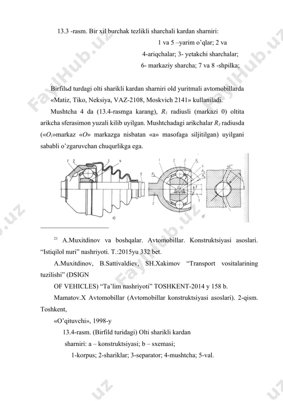 n sharniri biriktirilgan bulsa, bunday kardanli uzatma ikki yoklama uzatma deb yuritiladi. misol tarikasida zil-130 avtomobilida ishlatiladigan shu turdagi kardanli uzatma kanstruktsiyasi bilan tanishib chikamiz. u ikkala val, oraliq 14 va ketingi kardanli val 6 dan xamda uchta kardan sharnirlar 2, 7 va 5 dan, shuningdek oraliq tayanch 10 dan tashkil topgan. kardanli uzatmaning oraliq tayanchi metall korpusli rezina yostikcha 3 ga joylashtirilgan sharikli podshipnik 4 dan tarkib topgan. 3. kardanli uzatma konstruktsiyasining ishlash jarayoni kardanli uzatmaning vallari 14 va 6 yupqa devorli po’lat trubalardan tayyorlangan. oraliq kardan valining uchlariga kardanli sharnir xosil qiluvchi ikkita 2 va 7 vilkalar payvandlangan. shlitsli sirpancha uchlik 12 shlitsli vtulka 11 ichiga joylashgan. bu sirpanuvchi shlitsli birikma kardan valining uzayishi va kiskarishini ta’minlab orka kuprikning holatini barkarorlashtirib turadi. oraliq val 14 ning old uchidagi vilkasi 2 uzatmalar qutisining ikkilamchi validagi flanets 1 ga tutashgan vilka bilan sharnir ravishda boglangan. valning ketingi kismi oraliq tayanchni …