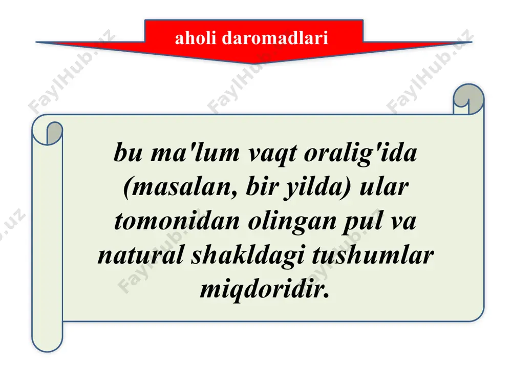 i 0,1 - -0,1 natural shakldagi daromadlar 17,6 13,5 -4,1 aholi turmush darajasi bu ularning hayot kechirishi uchun zarur bo'lgan moddiy va ma'naviy ne'matlar bilan ta'minlanishi hamda kishilar ehtiyojining bu ne'matlar bilan qondirilishi darajasidir. aholi turmush darajasini ifodalovchi ko'rsatkichlar 1 tug'ilish va o'lish darajasi hamda boshqa demografik ko'rsatkichlar 2 hayot kechirishning sanitar-gigiena jihatidan sharoitlari 3 inson erkinligi 12 4 5 6 7 8 9 10 11 oziq-ovqat tovarlarini iste'mol qilish turar joy sharoitlari ma'lumot va madaniyat mehnat qilish va bandlik sharoitlari aholining daromadlari va xarajatlari hayot kechirish qiymati va iste'mol narxlari transport vositalari dam olishni tashkil etish ijtimoiy ta'minot daromadlar tengsizligini keltirib chiqaruvchi umumiy omillar kishilarning umumiy (jismoniy, aqliy va estetik) layoqatidagi farqlar; ta'lim darajasi va malakaviy tayyorgarlik darajasidagi farqlar; tadbirkorlik mahorati va tahlikaga tayyorgarlik darajasidagi farqlar; ishlab chiqaruvchilarning bozorda narxlarni o'rnatishga layoqatliligi (bozordagi hukmronlik darajasidan kelib chiqib) darajasidagi farqlar. davlatning ijtimoiy siyosati bu tegishli markazlashgan daromadlarni tabaqalashgan soliq solish …