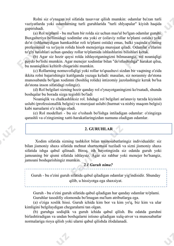 , epchillik (d) intrapersonal intellekt: o'z-o'zini anglash, o'zini namoyon qilish, o'zini tuta bilish, stressni engish (e) shaxslararo intellekt: empatiya, boshqalarning hissiy ehtiyojlarini tushunish, ta'sir qilish, nizolarni hal qilish, qat'iyatlilik, hamkorlik. yaqinda daniel goleman (va boshqalar) hissiy intellekt (eq) sifatida ichki va shaxslararo intellektga e'tibor qaratildi. eq odamlarni samarali boshqarish uchun ayniqsa muhim hisoblanadi, chunki u odamga vaziyatlar, xatti-harakatlar va muloqotning hissiy tarkibiy qismlarini boshqarishga imkon beradi. 1.5 rollar nazariyasi rolni siz o'ynagan rol sifatida tasavvur qilish mumkin: odamlar ba'zan turli vaziyatlarda yoki odamlarning turli guruhlarida "turli shlyapalar" kiyish haqida gapirishadi. (a) rol to'plami - bu ma'lum bir rolda siz uchun mas'ul bo'lgan odamlar guruhi. buxgalteriya bo'limidagi xodimlar ota yoki er (oilaviy rollar to'plami ostida) yoki do'st (ishlamaydigan hamkasblar roli to'plami ostida) emas, balki yaqinda o'zining professional va xo'jayin rolida hisob menejeriga murojaat qiladi. odamlar o'zlarini to'g'ri tutishlari uchun qanday rollar to'plamida ishlashlarini bilishlari kerak. (b) agar siz hozir qaysi rolda …