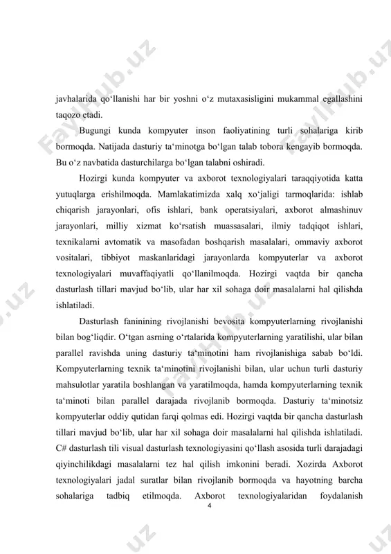 aydi. yoshlar ta’lim tarbiyasi bilan mashg’ul bo’ladigan ijtimoiy institutlar son va sifat jihatdan o’sdi. mustaqillik yillarida axborot texnologiyalari sohasida juda katta o’zgarishlar yuz bermoqda, shu bilan bir qator bu yoshlarga keng imkoniyatlar yaratilmoqda. ijtimoiy hayotning barcha sohalarida axbarot texnologiyalari har yerda jadallik bilan kirib kelmoqda va bilimlarni oshishi jamiyat a’zolarini o’z ustlarida ko’proq ishlashga yangi-yangi o’zgarishlar bilan undashga olib kelmoqda. respublikamizda jamiyatimizni axborotlashtirish maqsadida bir qancha qaror va qonunlar qabul qilindi.mustаqil rеspublikаmizdа yuz bеrаyotgаn siyosiy, iqtisоdiy, ”informatika” fanlar ichida eng yoshi hisoblanadi. uni yanada rivojlantirish, kompyuter dasturlari bilan tanishish, o’sib kelayotgan yosh avlodni elektron-hisoblash mashinalari bilan tanishtirish, ularni o’rgatishni yangi bosqichlarini ishlab chiqish mamlakatimizning dolzarb va asosiy mavzusiga aylangan. maktab, kollej, litsey, institut, universitetlarni talabga javob beradigan kompyuterlar bilan ta’minlash, ularga eng zamonaviy kompyuterlarni va ular bilan ishlash o’rgatish, o’zbekistonni har jabhada jahonga ko’rsatish asosiy vazifadir. yangi iqtisodiy munosabatlarga o’tish davrida o’zining texnologik imkoniyatlarini rivojlantirish faqat zamonaviy axborot texnologiyalarini qo’llash …