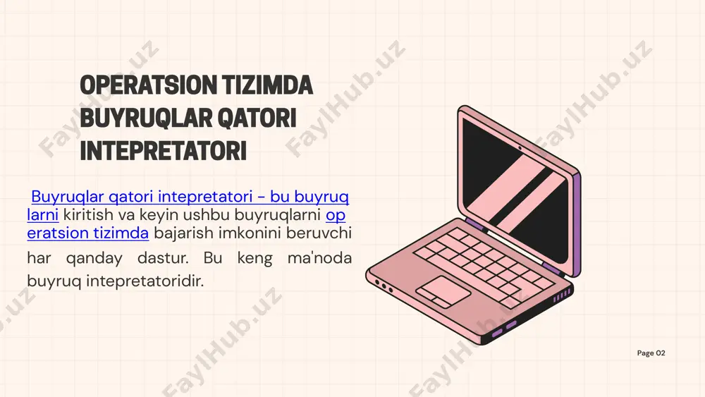 idagicha amalga oshadi: 1️⃣ buyruq kiritiladi: foydalanuvchi klaviatura orqali buyruq kiritadi (masalan, ls -l) 2️⃣ interpretator tahlil qiladi: buyruqning tuzilishi aniqlanadi: buyrug‘ning nomi, parametrlar, argumentlar 3️⃣ bajarish bosqichi: cli interpretatori buyrug‘ni operatsion tizim yadrosi yoki kerakli dasturga uzatadi 4️⃣ natijani ko‘rsatish: buyruq natijasi terminal oynasiga chiqariladi cli studio shodwe home service about us contact us 🔹 yuqori tezlik buyruqlar orqali ancha tez ishlash mumkin 🔹 resurs kamligi cli grafik interfeys talab qilmaydi, kam operativ xotira bilan ishlaydi 🔹 avtomatlashtirish skriptlar orqali ko‘p jarayonlarni avtomatik bajarsa bo‘ladi 🔹 moslashuvchanlik va kuchli boshqaruv tizim fayllari, foydalanuvchilar, jarayonlar ustidan to‘liq nazorat 🔹 masofadan boshqarish imkoniyati cli orqali masofadagi serverlarga ssh bilan ulanib, boshqarish mumkin page 08 afzalliklari cli 🔸 o‘rganish egri chizig‘i tik yangi foydalanuvchilar uchun dastlab tushunish murakkab 🔸 syntaktik xatolar xavfi bir harf xatolik ham buyrug‘ning noto‘g‘ri bajarilishiga olib keladi 🔸 grafik interfeys yo‘qligi ko‘plab foydalanuvchilar gui interfeysni qulayroq deb biladi …