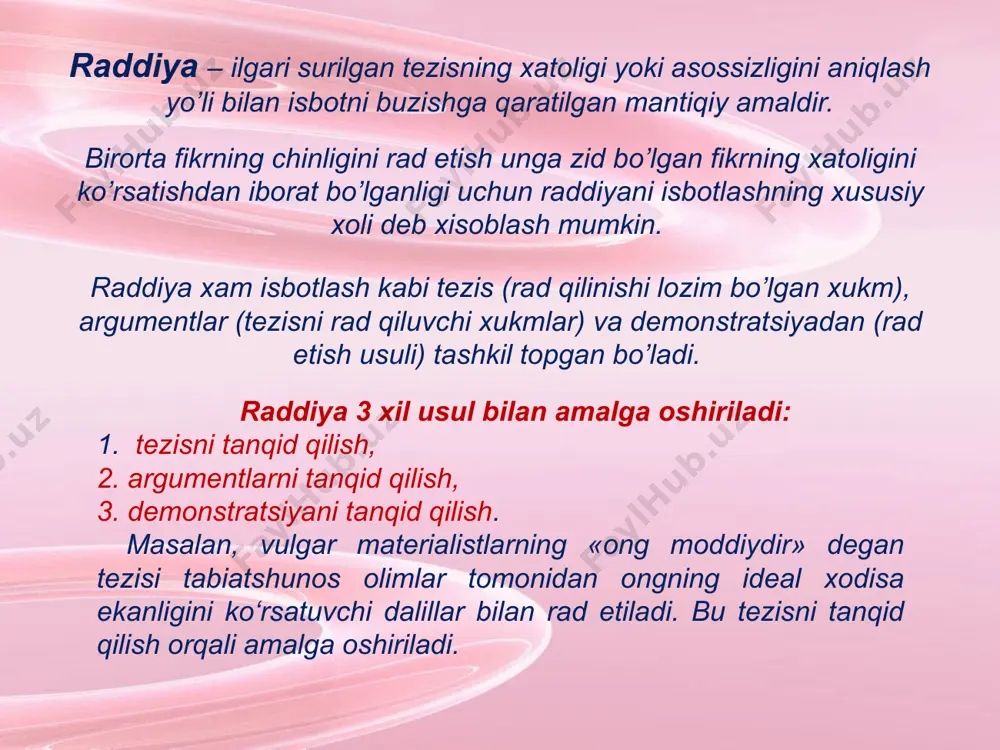 ida fan (biologik sistematika, empirik psixologiya, konkret sotsiologiya, qisman geografiya xozir ana shunday bosqichda) to’plangan materiallarni koordinatsiya qiladi, ya’ni yonma-yon tuzib chiqadi. fan taraqqiyotining keyingi bosqichiga ega mavjud tushunchalar, xukmlar, qonunlar biri ikkinchisidan keltirib chiqariladi, ya’ni subordinatsiya qilinadi. masalan, gipotetik deduktiv nazariyalarda fanning barcha tushunchalari ma’lum bir gipotezadan deduktsiya qilinadi. aksiomatik usul bilan ko’rilgan nazariyalarda fanning barcha tushunchalari, printsiplari ma’lum bir aksiomalardan keltirib chiqariladi. adabiyotlar o’zbekiston respublikasining konstitutsiyasi. t., 2003 yil. karimov i.a «istiqlol va ma’naviyat». –t.: «o‘zbekiston» nashriѐti, 1995 yil. karimov i.a. «o’zbekiston: milliy istiqlol, iqtisod, siyosat, mafkura», 1-jild, toshkent, «o’zbekiston» nashriyoti, 1996 yil. karimov i.a. «vatan sajdagoh kabi muqaddasdir». 3-jild, toshkent, «o’zbekiston» nashriyoti, 1996 yil. karimov i.a. «o’zbekiston xxi asr bo’sag’asida: xavfsizlikka tahdid, barqarorlik shartlari va taraqqiyoti kafolatlari». tashkent, «o’zbekiston» nashriyoti, 1997 yil. karimov i.a. «ma’naviy yuksalish yo‘lida». toshkent, image9.jpeg image10.png image11.jpeg image12.jpeg image13.jpeg image1.jpeg image2.jpeg image3.jpeg image4.jpeg image5.jpeg image6.jpeg image7.jpeg image8.jpeg /docprops/thumbnail.jpeg