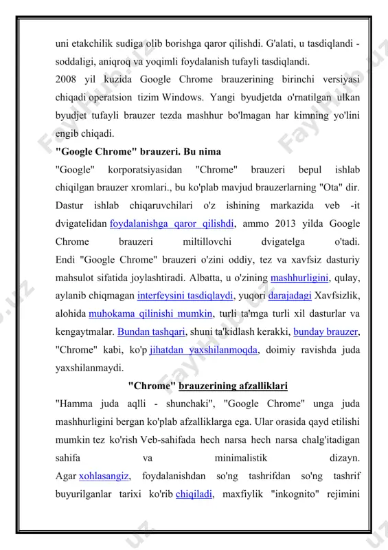 osiy narsa uning yuqori tezligi. o'rnatish "google chrome" brauzeri bepul yuklab olinadi. buni bajaring rasmiy sahifada. yuklab olishdan oldin qurilmangiz mosligiga ishonch hosil qiling tizim talablari. shunday qilib, chrome uchun derazalar ettinchi versiyadan boshlanishi kerak. intel protsessor pentium to'rtinchi yoki undan keyingi avlodda bo'lishi kerak. mobil qurilmaga "chrome" ni o'rnatish uchun android ma'lumotlar bazasisiz android 4.1 dan oldin bo'lmaydigan operatsion tizim versiyasini ishlatishingiz kerak. ios tizimi 9 va undan keyingi versiyalardan boshlanishi kerak. keyin o'rnatish fayli. "xrom" bepul yuklab olindi, "ishlash" yoki "saqlash" tugmasini bosishingiz kerak. keyin sichqonchani ikki baravar oshiring fayl o'rnatilgan va "google chrome" brauzeridan foydalaning. "google chrome" xususiyatlari. chrome xususiyatlari chrome internetda ishlaydigan turli xil funktsiyalarga ega. chrome brauzerining ba'zi xususiyatlari quyidagilar: xavfsizlik: chrome internetda yuqori darajadagi xavfsizlikni ta'minlaydigan qator vositalariga ega. chrome doimiy yangilanadi, shuning uchun siz doimo zararli dasturlardan va phishingdan himoyalanasiz. masalan, agar sahifa xavfli bo'lsa, chrome sizga ogohlantirish ko'rsatib turadi. o'rnatish: google chrome …