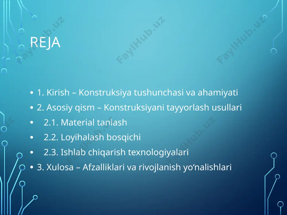 ormatsiyalar va tabiiy ta’sirlar hisobga olinadi, shuning uchun bino va inshoot xavfsiz bo‘ladi iqtisodiy samaradorlik materiallar, ish va vaqtni tejash imkoniyati, qurilish xarajatlarini kamaytiradi funksionallik binoning ichki va tashqi joylari maqsadga muvofiq, qulay va samarali ishlashini ta’minlaydi texnologik tayyorgarlik qurilish jarayoni oldindan rejalashtiriladi, montaj va ishlab chiqarish jarayoni osonlashadi sifatni oshirish to‘g‘ri loyihalash qurilishning sifatini kafolatlaydi, konstruksiyalar uzoq muddat xizmat qiladi estetik va dizayn binoning tashqi ko‘rinishi, dizayn va muhit bilan uyg‘unligi loyihada rejalashtiriladi ishlab chiqarish texnologiyalari qurilishda quyidagi usullar ishlatiladi: quyma, payvandlash, yig‘ma montaj va boshqalar. asosiy texnologiya turlari texnologiya turi tavsifi misollar monolit (joyida quyish) beton yoki temir-beton aralashmasi joyida shakllantiriladi va qotadi monolit qavatlar, ustunlar, devorlar yig‘ma (prefabrik) elementlar zavod sharoitida tayyorlanadi, keyin qurilish maydoniga olib kelinadi va yig‘iladi plitalar, panellar, bloklar, ustunlar oldindan taranglangan (prestressed) beton armatura bilan birgalikda oldindan taranglangan bo‘lib, egilishga chidamlilik oshiriladi ko‘prik plitalari, katta spanli konstruksiyalar yengil beton texnologiyasi og‘irligi kamaytirilgan beton …