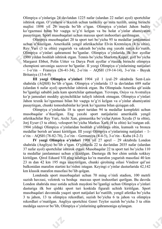 ng qiroli o’yinlаr doimiy rаvishdа grеtsiyadа o’tkаzilishini xohlаgаn vа kubеrtеn umumgrеk olimpiya o’yinlаrini o’tkаzilishi joylаrini аjrаtish uchun bor diplomаtik tаlаnti vа mаlаkаsini ishlаtishigа to’g’ri kеlgаn. kеzi kеlgаndа аytish kеrаkki, bu, fаqаtginа 1906 yili аmаlgа oshirilgаn”.[footnoteref:1] [1: john horne, garry whannel. understanding the olympics. taylor-francis group. london-new york, 2012. – 83 p.] i yozgi olimpiya o’yinlarining natijalari bo’yicha umumjamoa hisobida 1- o’rinni gretsiya (10-17-19), 2- o’rinni aqsh (11-7-2), 3- o’rinni germaniya (6-5-2) egallagan. ii yozgi olimpiya o’yinlari 1900 yil 14 may – 13 sentabrda parij shahrida (fransiya) o’tkazilgan. bu o’yinlar pyer de kuberten vatanida tashkil etilgan. olimpiya o’yinlariga 24 davlatdan 1225 nafar (ulardan 22 nafari ayol) sportchilar ishtirok etgan. o’yinlarni o’tkazish uchun tashkiliy qo’mita tuzilib, uning birinchi majlisi 1898 yil 29 mayda bo’lib o’tgan. olimpiya o’yinlari jahon badiiy ko’rgazmasi bilan bir vaqtga to’g’ri kelgan va bu holat o’yinlar ahamiyatini pasaytirgan. sport musobaqalari uchun maxsus sport inshootlari qurilmagan. olimpiya musobaqalari 20 ta …