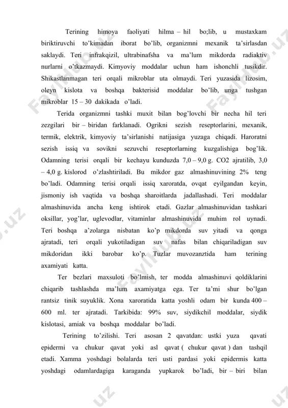 rda teri usti pardasi yoki epidermis katta yoshdagi odamlardagiga karaganda yupkarok bo’ladi, bir – biri bilan bo’shrok bog’langan. ko’pi bilan 2 – 3 qavahujayrasi bor. bu hujayralar o’lib, ko’chib, to’shib tu’radi. ularning u’rniga bir muncha hukurrokda joylashgan qavatlardan, bir muncha bakuvvatrok hujayralar paydo bo’ladi. teri o’sti pardasining chukur katlamida pigment hujayralari qavati bo’ladi. asl teri bi;lan ter o’sti pardasi o’rtasida asosiy membrana joylashgan. bu membrana bolalarda juda yushmoq va yaxshi rivojlanmagan bo’ladi. asl teri bir talay elastik va elim beruvchi tolalardan iborat biriktiruvchi tukimadan tashqil topgan. unda oziklanish va almashinish jarayonlarining ta’minlab to’radigan qalib qon tomirlar turi bor. ayniksa bolalar kapilyar turi ayniksa yaxshi rivojlangan, bu terining qon bilan yaxshi ta’minlanishiga, qon tomirlarning qon bilan to’lishib to’rishiga imkon yaratadi va bola terisiga pushti rang berib to’radi. asl teri osti kastchatkasi qavatiga ylanadi, teri oasti kastchatkasi biriktiruvchi tukima tolalari dastalaridan iborat bo’lib, ularning orasi yog’li hujayralar bolan to’lib to’radi. teri osti …