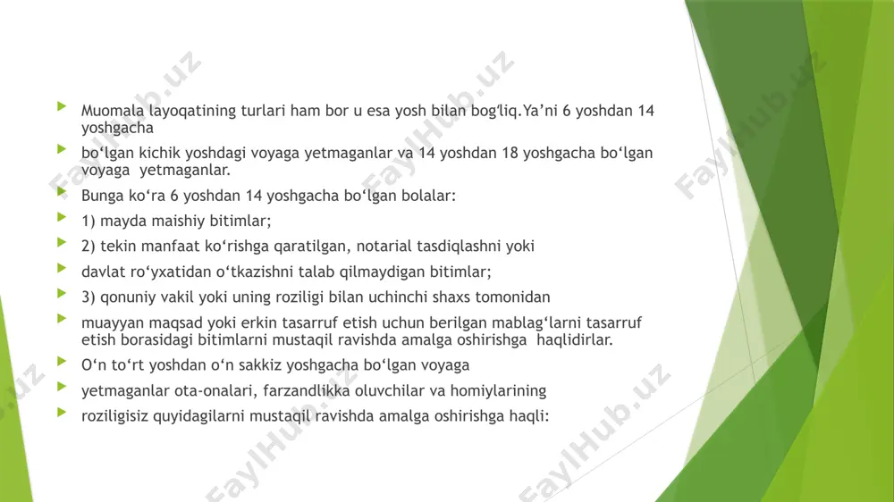 aqlaydigan narsalardir. bunday ashyolar, odatda, qaytaqayta foydalanishga mo‘ljallangan bo‘ladi. qayta-qayta foydalanish davomida iste’mol qilinmaydigan ashyolarning emirilishi ham (binolar, uskunalar, transport vositalari) asta-sekin kechadi asosiy va mansub ashyolar. mansub ashyo asosiy ashyoga xizmat qilishga tayinlangan va umumiy xo‘jalik maqsadi jihatidan u bilan bog‘liq bo‘lgan ashyodir. masalan, asosiy ashyo qulf bo‘lsa, unga mansub ashyo kalitdir. mansub ashyo, agar qonunda yoki shartnomada boshqacha tartib belgilab qo‘yilmagan bo‘lsa, asosiy ashyoning taqdiriga bog‘liq bo‘ladi. masalan, asosiy ashyo birovning egaligiga yoki vaqtincha foydalanishiga o‘tsa, mansub ashyo ham u bilan birga o‘tadi. ammo qonun yoki shartnomada boshqacha hollar ham belgilanishi mumkin, ya’ni asosiy ashyo birovga o‘tkazilganda, mansub ashyoning qoldirilishi to‘g‘risida alohida kelishuv ham bo‘lishi mumkin. eʼtiboringiz uchun raxmat !