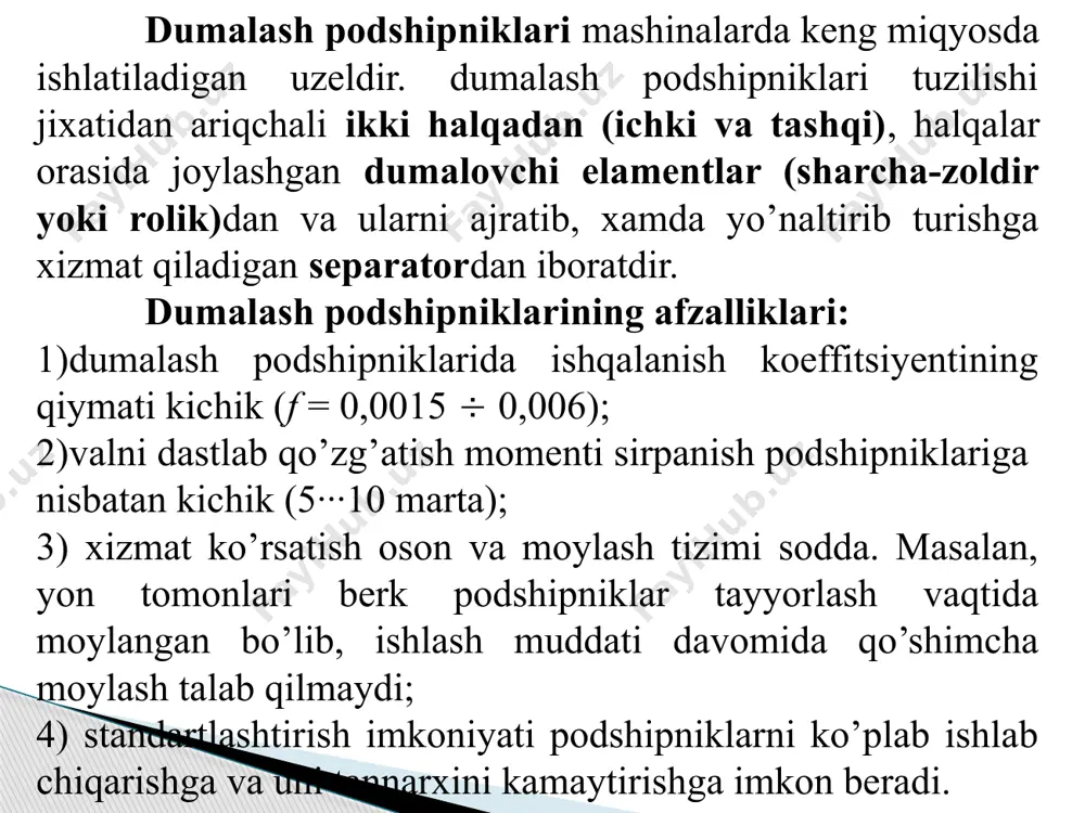 ki qatorli sferik vintsimon kesikli rolikli rolikli tirak podshipniklar tipi 9000 konussimon ro‘likli dumalash podshiplarining konstruksiyalash dumalash elementlarining materiali – shx 15 markali po’lat podshiklarning dumalash elementlari sharcha qisqa ro‘likli uzun ro‘likli ignasimon vintsimon kesikli ro‘lik konussimon ro‘lik simmetrik bo‘chkasimon ro‘lik konussimon sverik ro‘lik qatorlar soniga ko’ra: bir va ikki qatorli bo’lishi mumkin. dumalash podshipniklari yuklanish qobiliyati va o’lchamlariga (diametr va eniga) ko’ra 7 seriyaga bo’linadi: o’ta yengil (0), juda yengil (1), yengil (2), yengil enli (5), o’rta (3), o’rta enli (6) va og’ir (4). dumalash podshipniklarining asosiy o’lchamlari: tashqi halqaning tashqi diametri- d (korpus teshigini diametri), ichki halqaning ichki diametri- d (val diametri), podshipnik eni- b, xalqalarning egrilik radiusi - r dumalash podshipniklari aniqligi bo’yicha 5 sinfga bo’linadi: 0 – normal, 6, 5, 4 va 2 – sinflar. aniqlik sinfi dumalash podshipniklari shartli belgisining oldiga tire qo’yilib yoziladi. aniqlik sinfi yozilmasa u normal sinfga mansub bo’ladi. aniqlik sinfi oshishi …