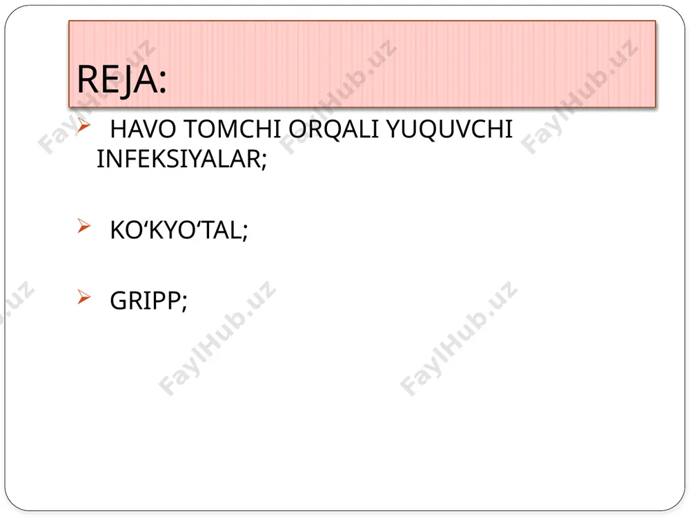iq, koʻkyutal va b. baʼzi infeksion kasalliklar bilan ogʻrigan bemorlarni alohida xonaga yotqizish, tegishlicha parvarish qilish va dezinfeksiya oʻtkazib turish sharti bilan uyida ajratib qoʻyish mumkin. koʻkyoʻtal — oʻtkir antroponoz, havo-tomchi yoʻli bilan yuquvchi bakterial infektiya hisoblanadi. harakterli belgisi pristupsimon, spazmatik yoʻtal. nafas olish yoʻlining havfli kasalligi boʻlib 2 yoshdagi bolalarda ogʻir kechadi. etiologiyasi; kuzgatuvchisi — bordatella pertussis aerob, kapsulali, grammanfiy tayoqcha bakteriyadir. bakteriyalar koʻp miqdorda toksinlar ajratib chiqaradi va nafas yoʻllarining shilliq qavatini zararlaydi. nafas yoʻllarining shilliq qavatida koʻpayadi, kasallik simptomlariga sabab boʻladi. 40 % hollarda kasallik oʻtkir bronhit tarzida kechishi mumkin klinikasi; inkubatsion davri 7-14 kun, kasal 5 kunlik antibiotik terapiyadan soʻng izolyatsiya qilinishi kerak. kasallik asosan 3 stadiyada kechadi: kataral, konvulsiya, desrement stadiyasi. inkubatsion davrdan keyin grippsimon belgilar paydo boʻladi, yengil tana haroratinig koʻtarilishi kuzatiladi. aksirish, quruq yoʻtal boshlanadi, bu davr 2 hafta davom etadi, oʻta yuqish darajasi yuqori boʻladi. ikkinchi stadiyada yoʻtal hurujlari boshlanadi, harakterli koʻrinishi …