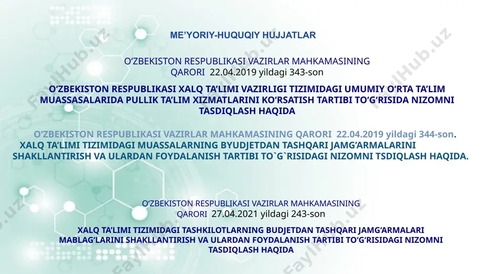 ma’muriyatiga taqdim etadi. vi bosqich: kuzatuv kengashi. o‘quvchilar va buyurtmachilar o‘rtasida maktab tomonidan ko‘rsatilayotgan pullik ta’lim xizmatlari sifatini aniqlash maqsadida so‘rovnoma o‘tkazib boradi. o‘qituvchi so‘rovnoma shartnoma шартнома fermer xo‘jaligi yoki jismoniy shaxslarga yer maydonini ijaraga berish. (issiqxona tashkil etish, dehqonchilik ekinlari ekish) daromad olish ta’lim muassasasi hududida ko‘p yillik daraxt, mavsumiy gul ko‘chatlari yetishtirish va uni sotish orqali daromad olish ta’lim muassasasining yer maydonidan samarali foydalanish vazifa “ maktab binolarini ta'mirlashda barqaror amaliyotlarni amalga oshirish samaradorlik va iqtisodiy samaradorlik uchun juda muhimdir. maktab binosini saqlash va undan samarali foydalanish qulay ta'lim muhiti uchun juda muhimdir. 9 chora-tadbirlar t/r muammo amalga oshirish mexanizmi mas’ullar muddati natija maktab binosini amaldagi mezonlar asosida asrab-avaylash va o’qituvchilar,o’quvchilar hamda xodimlar uchun qulay shart-sharoitlar yaratish. ichki mehnat tartib qoidalariga amal qilish orqali erishiladi maktabning pedagog jamoasi va xodimlar o’quv yili dvomida maktab binosi kelajak avlod uchun asrab avaylanadi hamda o’quvchilarda maktab mulkiga nisbatan mehr muhabbat tuyg’usi …