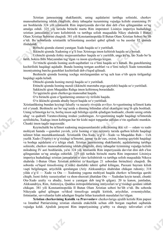 kda ayblab qatl etishga hukm qildilar. isoning tarixiyligi xususida diniy va diniy bo‘lmagan manbalar orasida ixtilof mavvjud: xristianlik manbalari isoning o‘zi xudo bo‘la turib, insoniyatning gunohlarini o‘ziga olish uchun odam qiyofasida tug‘ilganini, uning tarixiy shaxs ekanini ta'kidlab, uning hayot tarzini, insonlar bilan muloqoti haqidagi keng ma'lumotlarni bersada, diniy bo‘lmagan manbalarda isoning nomi uchramaganligini nazarda tutib, u tarixiy emas, balki afsonavviy shaxsdir deguvchilar ham bor. iso nomiga qo‘shiluvchi masih so‘zi qadimiy yahudiy tili - ivritdagi «moshiax» so‘zidan olingan bo‘lib, «silangan» yoki «siylangan» ma'nolarini beradi. grekchada bu so‘z «xristos» («christos») shakliga ega. bu dinning «xristianlik» yoki «masihiylik» deb atalishi ham shu so‘zlar bilan bog‘liq. bundan tashqari xristianlik iso masihning tug‘ilgan qishlog‘i - «nazaret» bilan bog‘lab, nazroniyya deb ham atalgan. keyinchalik bu nom nasroniyya, nasroniylik shaklini olgan. iso masih o‘z ta'limotini o‘zining 12 o‘quvisi apostollar - havvoriylarga o‘rgatdi. ular esa isoning vafotidan keyin ustozlarining talimotlarini har birlari alohida-alohida tarzda kitob shakliga keltirdilar. bu …