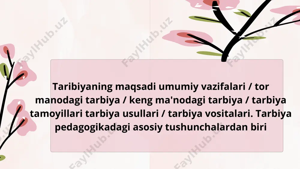 yalanuvchilarning maxsus tashkil etilgan faoliyati tushuniladi. jamiyat azolarining maqsadga yo'naltirilgan rivojlanishi hamda ularning qator ehtiyojlarini qondirish uchun shart-sharoitlar yaratish jamiyat rivoji uchun zarur bolgan ijtimoiy madaniyatga mos yetarlicha hajmdagi inson kapitali" ni tayyorlash madaniyatlarni kuzatib turish orqali ijtimoiy hayotning barqarorligini taminlash malum jins, yoshi ijtimoiy-kasbiy guruhlarning qiziqishlarini hisobga olgan holda va ijtimoiy munosabatlar doirasida jamiyat a'zolarining harakatini tartibga solish . tarbiya jarayonida tarbiyalanivchilarning yosh xususiyatlarini inobatga olish maqsadga muofiqdir. yosh xususiyatlari muayyan bir yosh davriga hos bulgan anotamik, fizalogik va pisixologik xususuyatlardir. masalan; mas'uliyat tuyg'usini boshlangich ta'lim, o'rta ta'lim va o'rta mahsus, kasb-hunar ta'limi muassasalarida ta'lim olayotgan o'quvchilarda ham shakllantirish mumkin florist florist biroq har bir bosqichda maskur sifatni shakillantirish borasida turli metodlar qo'llaniladi. flower shop borcelle tarbiyaning mazmuni shahsning shakllanishiga qo'yiluvchi ijtimoiy talablar, mohiyatidan iborat. unutmaslik kerakki, aynan bitta vazifa turli xil fikrlar bilan to'ldirilgan bo'lishi mumkin. et'iboriz uchun raxmat image1.png image2.png image3.png image4.svg image5.jpeg image6.png image7.png image8.png image9.png …