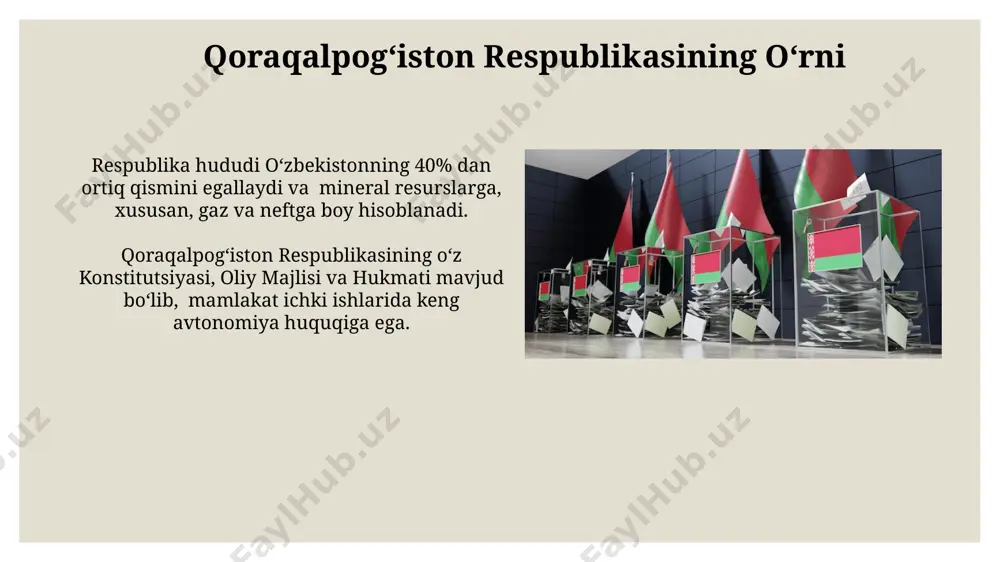 n respublikasining davlat tuzulimi mamlakatda ikki palatali parlament – oliy majlis mavjud boʻlib, unda qonunchilik palatasi 150 deputatdan va senat 100 senator dan iborat. oʻzbekiston respublikasi 12 ta viloyat, qoraqalpogʻiston respublikasi va toshkent shaharidan iborat boʻlib, ularning har biri hokim tomonidan boshqariladi. viloyatlar va ularning markazlari хоразм вилояти тарихан бой маданияти ва 10 дан ортиқ туманлари билан ажралиб туради, вилоятнинг маркази эса хива шаҳри саналади. андижон вилояти ўзбекистоннинг жанубий-шарқий қисмида жойлашган бўлиб, 15 та туман ва 4 та шаҳардан иборат. унинг маъмурий маркази андижон шаҳри ҳисобланади. aholi zichligi va taqsimoti aholi zichligi shaharlarda qishloqlarga nisbatan 5-10 baravar yuqori boʻlib, urbanizatsiya jarayonining yuqori sur’atlarda rivojlanayotganidan dalolat beradi. aholi zichligi fargʻona vodiysida eng yuqori (1000 kishi/km² dan yuqori), qoraqalpogʻiston respublikasida esa eng past koʻrsatkich kuzatiladi. hududiy boshqaruv organlari ҳудудий бошқарув органларининг самарали фаолиятини таъминлаш учун 20 дан ортиқ давлат ва хўжалик бошқаруви органларининг ҳудудий бўлинмалари мавжуд. ҳудудий бошқарув органларининг асосий вазифаларига давлат …