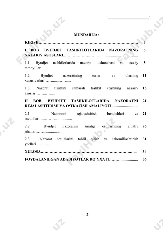 iyaviy oqimlarni, balki tashkilotning umumiy strategik maqsadlarini amalga oshirishni ta’minlovchi asosiy mexanizm sifatida e’tiborga olinadi. byudjet tashkilotlarida nazorat tizimi – bu moliyaviy resurslardan samarali foydalanish, byudjet mablag‘larini o‘z vaqtida va maqsadli ishlatishni ta’minlash hamda tashkilot faoliyatining qonuniy va samarali bajarilishini nazorat qilish mexanizmi hisoblanadi. davlat organlari va byudjet tashkilotlarining faoliyati natijadorligini oshirish bugungi kunning dolzarb masalalaridan biri bo‘lib, moliyaviy shaffoflik, resurslarni tejash va ijtimoiy ahamiyatga ega loyihalarni amalga oshirishga xizmat qiladi. shu sababli byudjet tashkilotlarida nazoratni rejalashtirish va uni muntazam o‘tkazish jarayonlari nafaqat iqtisodiy, balki huquqiy va strategik ahamiyatga ega. kurs ishining dolzarbligi - so‘nggi yillarda o‘zbekiston respublikasida byudjet tizimini modernizatsiya qilish va nazorat mexanizmlarini takomillashtirish bo‘yicha amaliy islohotlar amalga oshirilmoqda. nazorat tizimi samarali ishlamagan holatlarda mablag‘lar noto‘g‘ri sarflanadi, moliyaviy hisobotlar ishonchsiz bo‘ladi, davlat dasturlari va ijtimoiy loyihalar o‘z vaqtida va to‘liq amalga oshmay qoladi. shu sababli nazoratni rejalashtirish va o‘tkazish jarayonlarini chuqur o‘rganish, uning samaradorligini oshirish usullarini ishlab chiqish …