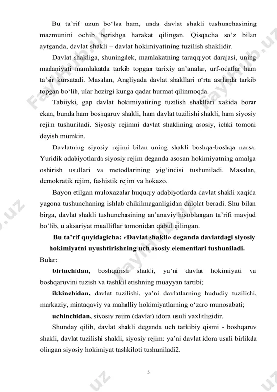 mintaqaviy va mahalliy hokimiyatlarning o‘zaro munosabati; uchinchidan, siyosiy rejim (davlat) idora usuli yaxlitligidir. shunday qilib, davlat shakli deganda uch tarkibiy qismi - boshqaruv shakli, davlat tuzilishi shakli, siyosiy rejim: ya’ni davlat idora usuli birlikda olingan siyosiy hokimiyat tashkiloti tushuniladi2. boshqaruv shakli – davlat hokimiyati va boshqaruvi oliy idoralarining tashkil etilishi va uyushtirilishining muayyan tartibidir. davlatning tuzilishi shakli – davlatning ma’muriy-hududiy tuzilishi, markaziy, mintakaviy va maxalliy hokimiyatlar o‘zaro munosabatlarining muayyan tartibidir. siyosiy rejim (davlat idora usuli) – siyosiy (davlat) hokimiyatini amalga oshirishning usul va metodlaridir. davlatning boshqaruv shakli umumiy tushunchasi va uning mohiyati avvalambor, davlatni nazariy jihatdan tushunib yetishda boshqaruv shakli alohida urin tutishini ta’kidlashni istardik. qonuniyat shuni takozo etadi. davlatga uyushgan jamiyatda davlat hokimiyatini kim va qanday amalga oshirishishini aynan shu shakl belgilab beradi. bu masala insoniyatni juda kadimdan tulkinlantirib keladi. arastuning o‘zi, undan keyin aflotun xam qadimgi dunyoda davlat hokimiyatini tashkil etish va uni boshqarshining xilma-xil shakllarini o‘rganar ekanlar, …