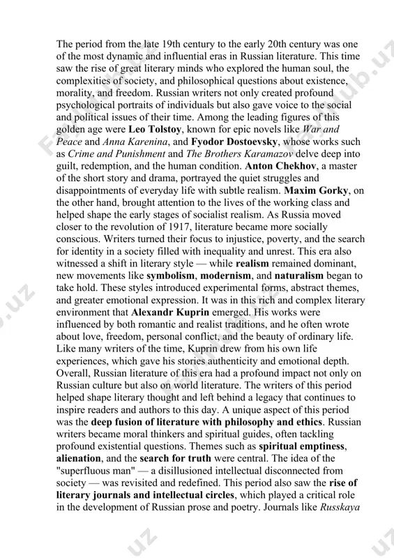 from his own life experiences, which gave his stories authenticity and emotional depth. overall, russian literature of this era had a profound impact not only on russian culture but also on world literature. the writers of this period helped shape literary thought and left behind a legacy that continues to inspire readers and authors to this day. a unique aspect of this period was the deep fusion of literature with philosophy and ethics. russian writers became moral thinkers and spiritual guides, often tackling profound existential questions. themes such as spiritual emptiness, alienation, and the search for truth were central. the idea of the "superfluous man" — a disillusioned intellectual disconnected from society — was revisited and redefined. this period also saw the rise of literary journals and intellectual circles, which played a critical role in the development of russian prose and poetry. journals like russkaya mysl (russian thought) and severny …
