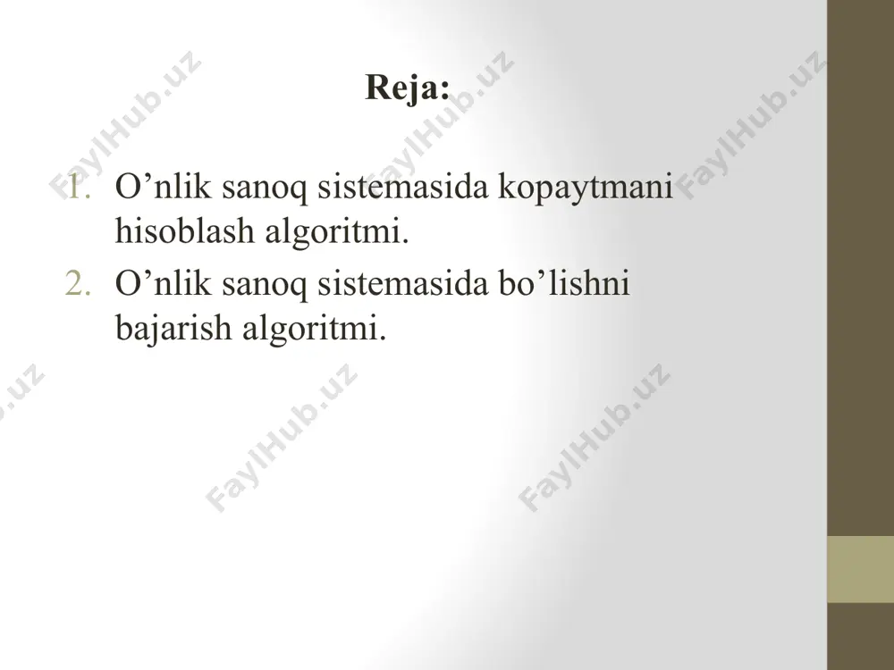 asoslangan holda amalga oshiriladi. ko’p xonali sonlarni bir xonali sonlarga bo’lish yigindini songa bo’lish qoidasiga keltiriladi. masalan, 4792 : 4 = (4000 + 700 + 90 + 2): 4 . buning uchun 4 mingni 4 ga bo’lamiz. bo’linmada 1 ta minglik hosil bo’ladi va qoldiq 0 ga teng bo’ladi. 7 yuzlikni 4 ga bo’lamiz. bo’linmada 1 ta yuzlik va qoldiq 3 yuz hosil bo’ladi. 3 yuzni o’nliklarga maydalaymiz, 30 o’nlik hosil bo’ladi. uni 9 o’nlikka qo’shamiz. natijada 39 o’nlik hosil bo’ladi. 39 o’nlikni 4 ga bo’lsak, bo’linmada 9 o’nlik va qoldiq 3 o’nlik hosil bo’ladi. 3 o’nlikni birliklarga maydalasak, 30 birlik hosil bo’ladi. unga 2 birlikni qo’shsak, 32 birlik hosil bo’ladi. 32 birlikni 4 ga bo’lsak, bo’linmada8 birlik va qoldiqda 0 hosil bo’ladi. shunday qilib, bolinma 1 minglik, 1 yuzlik, 9 o’nlik va 8 birlikdan iborat bo’ladi, ya’ni 1198; demak, 4792:4 = 1198; ynqoridagi jarayon og’zaki bo’lishbo’lib, uni yozma bo’lish …