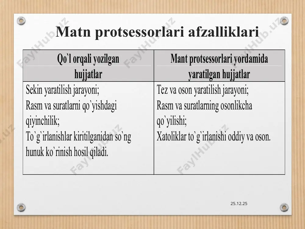tarjima qilish kabi vazifalarni bajaradi. * hujjatga himoya qo’yish. * ssilki menyusi ko’rinishi. * nazorat savollari microsoft word dasturi ishchi oynasi vаzifаlаrini аytib bеring. asosiy menyu qatoriga nimаlаr kiradi? microsoft word dasturida makroslar bilan ishlash qanday amalga oshiriladi? smart art, word art vаzifаlаrini аytib bеring. qanday matn muxarriri turlari mavjud аytib bеring. giperbog`lanish qanday amalga oshirishni tushintirib bеring. word аdpda hujjatdagi so`zni qidirib, o`zgartirish vazifasi qanday amalga oshiriladi? hujjatni chop etish qanday amalga oshiriladi? * * * * 4-mustaqil ish ms word dasturida o`zingizni tarjimai xolingizni yozib chiqing. ms word dasturida jadval tayyorlang. (№, fio, uy adresi, tug`ilgan yili, telefon raqami, ish yoki o`qish joyi) kabi 10 kishining ma`limotlari bilan to`ldirilsin. ms word dasturida smartart dan foydalanib xoxlagan mavzu bo`yicha klaster tayyorlang. masalan: diagramma funksiyasidan doydalanib ixtiyoriy yarating masalan: matnga ssilka qoying [1] giperssilka yordamida biror matnni rasm bilan bog`lang. klaviaturada yo`q simvollardan foydalanib biror belgini matn orasiga joylashtiring. masalan …