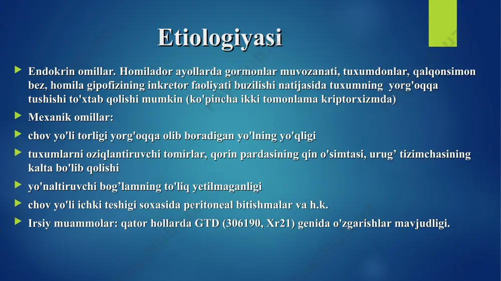 iladi va son sohasiga fiksatsiyalanadi. b) son sohasidan ajratilib, yorg’oqqa joylab, son va yorg’oqdagi teri jarohatlariga chok qo’yiladi. konservativ davolash tuxum faoliyatini yaxshilash va endokrin buzilishlarni davolashga qaratilgan. e vitamini tuxum to'qimasi xujayralarida biokimyoviy jarayonlarni me'yoriga keltiradi. emizayotgan ayol 200-300 mg/kunda, 1 yoshdan oshganda 5-10 mg/kunda. 1,5-2 oy mobaynida vitaminni qabul qiladi. a, b, c va d guruhidagi vitaminlar. oxg (tuxum interstitsial xujayralari faoliyatini kuchaytirish) 250, 500 yoki 1000 tb yoshiga mos ravishda haftasiga 1-3 marta, kurs 16-18 in'ektsiya. klinik tasdiqlangan chov churrasida, aynan shu tomonda o'tkazilgan xirurgik amaliyotdan so'ng, shuningdek, tuxumlar ektopik joylashganida qo'llanilmaydi konservativ davolash jinsiy etilish belgilari erta paydo bo'lganida preparat qabul qilish to'xtatiladi. bu hollarda belgilar odatda 4 hafta mobaynida yo'qoladi jinsiy etilish vaqtida gipogonadizm yaqqol belgilarida testosteron 10 mg. dan kunora m/o (15-20 in'ektsiya) tireodin keragidan ortiq ovqatlanish, semizlikda (5 yoshda - 0,005 g., 15 yoshda - 0,05 mg. kunda 1-2 marta, 20-30 kun mobaynida) …