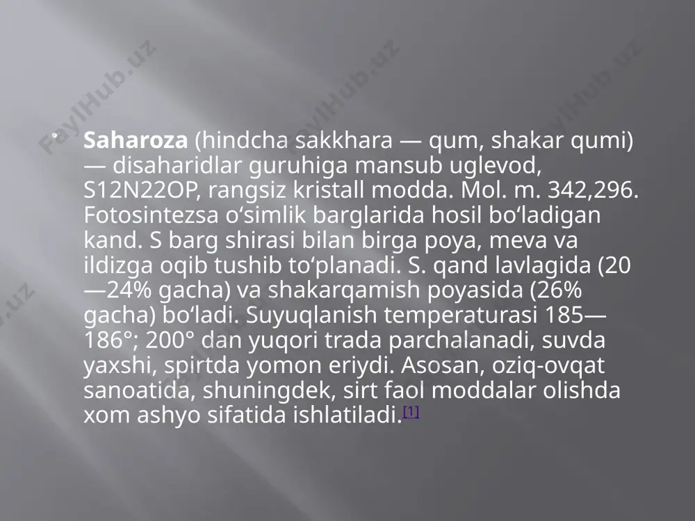zdiruvchi modda2 mis oksidi hosil bo'lishiga olib kelmaydi. agar saxaroza eritmasi vodorod xlorid (hcl) yoki sulfat kislota (h) bilan birga qaynatilsa2so4) ishqor bilan neytrallanadi va cu (oh) bilan qizdiriladi.2so'ngra qizil cho'kindi hosil bo'ladi. ta'kidlash joizki, shakar ishlab chiqarilishining 65% dunyo bo'ylab ishlab chiqariladi. mahsulot ishlab chiqarish bo'yicha etakchi davlatlar hindiston, braziliya, xitoy, tailand, meksika hisoblanadi.+ beetroot tarkibida taxminan 20% saxaroza mavjud va ikki yoshli o'simlikdir. rossiya imperiyasida ildiz ekinlari xix asrdan boshlab rivojlana boshladi. hozirgi vaqtda rossiya o'zini boqish va lavlagi shakarini chet elga eksport qilish uchun etarlicha shakar ko'kini etishtirmoqda shakar ishlab chiqarish uchun asosiy xom ashyo sifatida asosan qand lavlagi ishlatiladi. qand lavlagi bir yillik o'simlik bo'lib tarkibida 9-11% qand bo'ladi. ikkinchi xom ashyo shakar qamish hisoblanib, undagi qand miqdori 18-23% gacha bo'ladi. o'zbekiston respublikasi musta'qillikka erishgandan so'ng, aholi uchun zarur bo'lgan bug'doy, go'sht, meva va shakar bilan ta'minlash yangi ishlab chiqarish korxonalari barpo etish kerakligini taqozo etmoqda. …