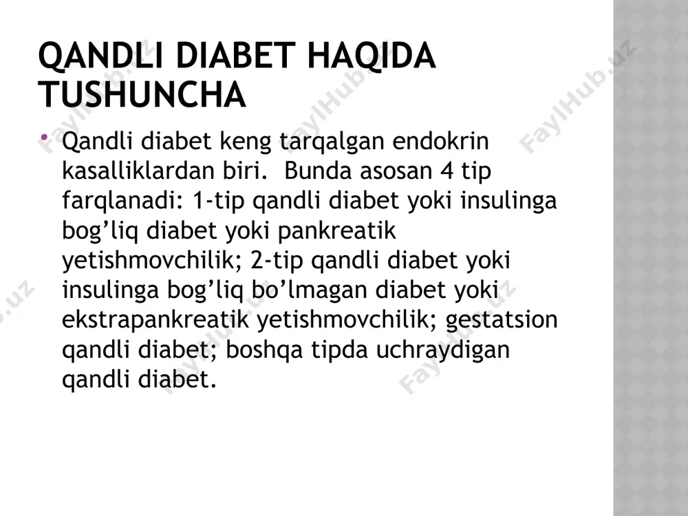 tlar yo’q.har qanday davolash jarayoni kasallikni ana shu darajaga tushirishga qaratilgan bo’ladi. 2-daraja insulin qand miqdorini biroz qoplayolmayotganidan dalolat beradi.ko’zlar, buyraklar,yurak,qon tomirlari,oyoqlarda, nerv tolalarida shikastlanishlar mavjud. qonda glyukoza miqdori 7-10 mmol atrofida, glyukozuriya uchramaydi. boshqa ko’rsatkichlar ham biroz oshgan 3-daraja kasallik faol rivojlanadi va uni dori darmonlar biulan ushlab turib bo’lmaydi, qonda glyukoza 3-14 mmol,glyukozuriya doimiy bo’ladi,yuqori proteinuriya kuzatiladi shikastlangan organlar asta sekin belgi bera boshlaydi. kp’rish o’tkirligi tez pasayib ketadi,gipertoniya kuzatiladi,oyoqlarda va barmoq uchlarida sezuvchanlik pasayadi 4-daraja mutlaq dekompensatsiya,muolajalar umuman foyda bermayotganidan dalolat beradi,glyukoza 15-25 mmol va undan ham ko’p.proteinuriya faollashadi,buyraklar yetishmovchiligi yuzaga keladi, terida yarlar va gengrena uchrashi mumkin,komaga tushish xavfi o’ta yuqori. profilaktika 1-tip uchun profilaktika murakkab vazifadir,chunki bu asosan irsiy va kichik viruslar hisobiga yuzaga keladi,olimlar ona suti bilan oziqlangan bolalarni qandli diabetga uchrash ehtimoli past deb hisoblashadi,lekin bu hali isbotlanmagan 2-tip uchun esa tana vaznii normallashtirish,qon bosimi ba yog’lar almashinuvini nazorat qilish,yengil hazm bo’ladigan ovqat …