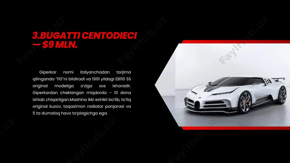 hadi vites qutisi ketma-ket 7 pog'onali. debriyaj - ikki juft boshqariladigan va harakatlantiruvchi disklar bilan 9.w motors lykan hypersport — $3,4 mln. lykan hypersport — cheklangan ishlab chiqarishdagi sport avtomobili boʻlib, w motors, birlashgan arab amirliklarida joylashgan boʻlib, 2012-yilda livanda livanlik va italiyalik muhandislar hamkorligida asos solingan.mashinaning ishlab chiqarilishi jami yetti dona bilan cheklangan edi.[7] birinchi ishlab chiqarishdan oldin lykan hypersport 2013-yil fevral oyida qatar avtosalonida ommaga taqdim etildi.hypersport - bu o'rnatilgan marvaridlar bilan faralarga ega bo'lgan birinchi avtomobil; ular tarkibida 440 dona platina olmosli (15 cts) titanli led pichoqlar mavjud;[9] garchi xaridorlar rang tanlovi asosida avtomobil faralariga birlashtirilishi uchun yoqut, olmos, sariq olmos va sapfirlarni tanlashgan. 10.aston martin valkyrie — $3,2 mln. aston martin valkyrie 1014 ot kuchiga ega 6,5 litrli v12 cosworth dvigateli bilan jihozlangan bo‘lib, aylanuvchi momentlar soni daqiqasiga 11 mingga teng. shuningdek, mashina elektromotor bilan ham jihozlangan. motorni har 100 ming kilometr masofa bosib o‘tilganidan keyin …