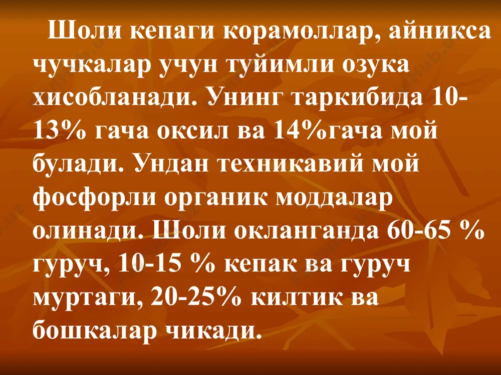 нчи йили хар иккала угит солиш меьёри гектарига 120-150 кг гача етказилади. эскидан хайдалиб келинаётган утлоки тупрокларда хар гектарига 180кг азот, 120кг фосфор солинади. 5.уруглик шоли экишдан олдин махсус машиналарда тозаланган ва давлат андозасига жавоб бериши керак. шоли тупрок ва сув харорати 12° с га етганда яьни совук булиш хавфи утиб кетгандан кейин экилади. лекин асосан тупрок ва сув харорати 14-16° га етганда ёппасига экиш бошланади. шоли экишни нихоятда киска муддатларда узоги билан 10-15 кун ичида экишни тугаллаш лозим. шоли машиналарда оддий усулда каторлаб ва сочма килиб экилади. хозирги пайтда узбекистонда дон сеялкасида каторлаб экиш кенг таркалган. сув бостиришдан олдин шолини ёппасига каторлаб катор ораси 15 ёки 7,5 см килиб су-4,2 суб-48,сзб-3,6 русумли дон сеялкаларидан фойдаланилади шолини дон сеялкасида каторлаб экиб уругни тупрокни табиий намига ундириб олиш шоли етиштиришда янги прогрессив усуллардан хисобланади. шолини самолётда хам экиш мумкин. шоли экиш меьёри усимликларни кучат калинлигини белгилайди, экиш меьёри шоли навининг биологик …