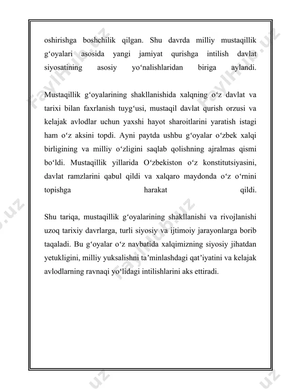 n. harakat vakillari koʻplab maktablar ochishgan va eski metodlardan yangi usullarga oʻtishni taklif qilganlar. masalan, jadid maktablari 1900-yillarda ochila boshlangan boʻlib, birinchi yangi usuldagi maktab toshkentda 1901-yilda sh. rahimiy tomonidan tashkil qilinadi. ushbu maktablar oʻsha davr uchun yangilik boʻlib, zamonaviy fanlarni oʻrgatish bilan shugʻullangan. jadidlar orasida mahmudxoʻja behbudiy, abdurauf fitrat, abdulhamid choʻlpon va abdulrauf fitrat kabi taniqli shaxslar bor edi. ular oʻz asarlarida milliy ozodlik, oʻzlikni anglash, taʼlim va madaniyatning ahamiyati haqida koʻp fikr yuritganlar. masalan, mahmudxoʻja behbudiy tomonidan yozilgan "padarkush" dramasi oʻsha davr fikrlarining namunasidir. mustaqillik davriga kelib, oʻzbekiston 1991-yil 1-sentyabr kuni mustaqilligini qoʻlga kiritdi. bu voqea sovet ittifoqining parchalanishi bilan bogʻlangan boʻlib, 31-avgust kuni oʻzbekistonning oliy soveti respublikaning mustaqilligini eʼlon qildi. 1991-yilning 29-dekabrida boʻlib oʻtgan referendumda oʻzbekiston fuqarolarining 98,2% mustaqillikni yoqlashdi. bu sanalar oʻzbekistonning mustaqillik yoʻlidagi muhim bosqichlaridan biridir. mustaqillik oʻzbekiston uchun katta imkoniyatlar eshigini ochdi. mustaqillikka erishgidagina, oʻzbekiston oʻzning siyosiy yoʻnalishini, iqtisodiy strategiyasini va madaniy rivojlanishini mustaqil …