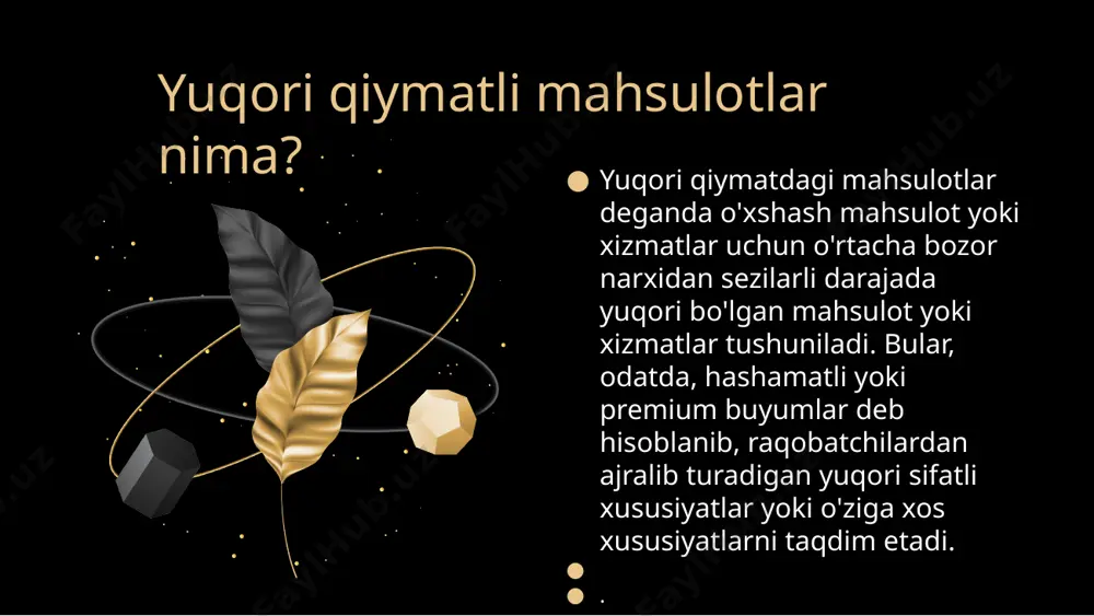 tbuklar va kameralar kabi texnologiya mahsulotlari, agar ular ilg'or xususiyatlar, ilg'or texnologiyalar va ajoyib ishlashni taklif qilsa, yuqori xarajatli toifaga kirishi mumkin. misol uchun bozor qiymati $2.640 trillion bo’lgan apple kompaniyasining mahsulotlarining narxlari qolgan raqobatchilariga qaraganda qimmatroq va o’zining mijozlari uchun minimalizm va yuqori darajadagi xavfsizlik taklif etadi. borozda o’zining alohida operatsion tizimi orqali qolganlardan ajralib turadi. yuqori sifat shuni ta'kidlash kerakki, yuqori baholi tovarlarning ta'rifi iste'molchining shaxsiy xohish-istaklari va qiymatni idrok etishiga qarab farq qilishi mumkin. bir iste'molchi uchun yuqori qiymat deb hisoblangan narsa boshqasi uchun bir xil bo'lmasligi mumkin. nega yuqori qiymatli mahsulotlar mavjud qimmatbaho mahsulotlarga talab ko'pincha yuqori bo'ladi, chunki bu mahsulotlar iste'molchilarga kerakli bo'lgan turli xil qulaylik va xususiyatlarni taqdim etadi. yuqori qiymatli mahsulotlarga talab yuqori bo'lishining ba'zi sabablari mavjud: 1. sifat 2. obro'-e'tibor 3. xususiyatlari 4. brend obro'si 5. hissiy joziba sifat yuqori qiymatli mahsulotlar odatda yuqori sifat bilan bog'liq. iste'molchilar ko'pincha yaxshi ishlab chiqarilgan, …