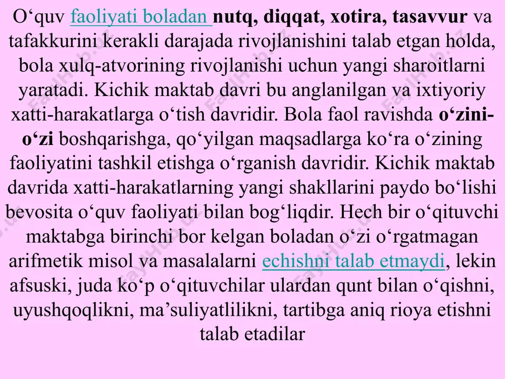 sixik faollik - bu normal rivojlanayotgan bolaning atrof olamdagi predmetlarni, insoniy munosabatlarni bilishga nisbatan qiziqishdir. psixik faollik deganda, bolani o‘zini bilishga nisbatan ehtiyoji ham tushuniladi. motiv – bu, o‘quvchilarning ijod qilishi uchun uyg‘otiladigan ijodiy mahsuldir. motiv va maqsad. maqsad tassavur va hunar ijod mahsulidir. maqsad qonuniyatga asosan o‘quvchiga ham tushunarli hol. dars vaqtlarida maqsad aniq shakllarda qo‘yilishi shart. motivlar esa o‘qituvchiga qolaversa o‘quvchiga ham hamma vaqt tushunarli bo‘lavermaydi. motiv qanaqa yo‘naltirganiga qarab u bolada turlicha fikr hosil qiladi. bola misol yechadi va maqsadi masalani yechimini topish. motivlar esa har xil bo‘ladi. masalani yechimini o‘rganish o‘qituvchini ovora qilmaslik yoki ota-onasini yaxshi baholar bilan xursand qilish –motivi bo‘lishi mumkin. anig‘i shuki hamma hollarda ham maqsad bitta bo‘lib qolaveradi. motiv ish jarayonidagi xarakteriga qarab o‘zgaradi, ya’ni bolaning ishga munosabati ham shunga bog‘liq. agar bola jazolanmaslik, yomon baho olmaslik uchun o`qiyotgan bo‘lsa, u majburiy ish bo‘lib, bola qoniqish va xursandchilikdan chegaralangan bo‘ladi. a.n.leontev motivni …