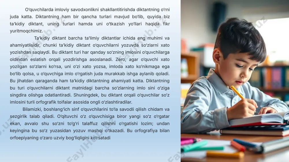 grammatikaning biror qoidasiga oid ayrim so‘zlar orfografiyasigina emas, balki diktant matnidagi barcha so‘zlar imlosini o‘rganish maqsad qilib olinishi mumkin. xulosa qilib aytish mumkinki, o‘quvchilаrni so‘zlаrni to‘g‘ri va xatosiz yozishga o‘rgatishda ta’kidiy diktant, xususan, ko‘rish diktanti muhim ahamiyat kasb etadi. shunday ekan, boshlang‘ich ta’limda o‘quvchilarda imloviy savodxonlikni shakllantirishda o‘qituvchi bu diktant turidаn ham samarali foydalanishi maqsadga muvofiq bo‘ladi. bu esa, albatta, ta’kidiy diktаntlarning o‘ziga xos xususiyatlarini hamda ularni tashkil qilish metodikаsini bilishni taqozo etadi. 10 matnni tanlash mezonlari o'quvchilarning yoshiga mosligi matnning murakkablik darajasi o'quvchilarning yosh xususiyatlariga mos bo'lishi kerak. grammatik jihatdan soddaligi boshlang'ich sinflar uchun matn grammatik jihatdan juda murakkab bo'lmasligi, o'rganilayotgan qoidalarni mustahkamlashga qaratilgan bo'lishi lozim. tarbiyaviy ahamiyatga egaligi matn vatanparvarlik, do'stlik, mehnatsevarlik kabi ijobiy qadriyatlarni targ'ib qilishi kerak. qiziqarli mazmunga ega bo'lishi o'quvchilarning diqqatini tortadigan, ular uchun qiziqarli va tushunarli mazmunga ega matn tanlanishi lozim. 11 diktant o'tkazish qoidalari matnni aniq va ravshan o'qish o'qituvchi matnni shoshilmasdan, har …
