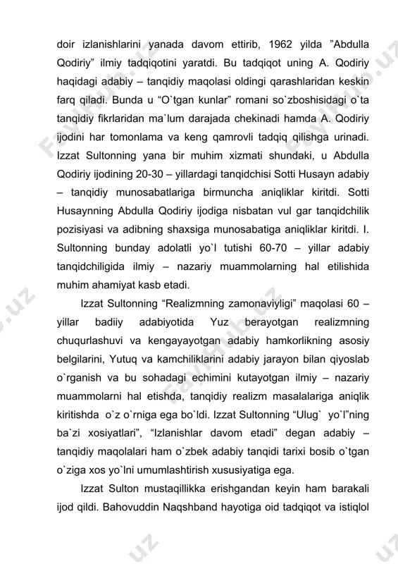 , 2001. 9. do`stqoraev b. o`zbek adabiy tanqidchiligi tarixi. t., 1998. 10. nazarov b. o`zbek adabiy tanqidchiligi. t., 1979. 11. rasulov a. xvdoyberganov n. o`zbek adabiy tanqidchiligi tarixi. t., 1989.