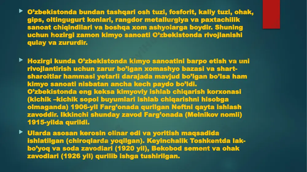 yevropa mamlakatlariga nisbatan kechroq paydo boʻldi, lekin 1913 y.ga kelib kimyoviy mahsulotlar i.ch. hajmi boʻyicha jahonda 1-oʻringa chiqib oldi. oʻzbekistonda tegishli xom ashyo manbalari boʻlishiga qaramay 20-asrning 30-yillarigacha k.s. deyarli yoʻq edi. 1910-yillarda ohak kuydirish, oʻsimlik boʻyogʻi olish, oltingugurt i.ch., ishqoriy moddalar tayyorlash, sovungarlik bilan shugʻullangan bir qancha kichik korxonalar (12 sovun zavodi, neftni haydash zavodi, 2 boʻyoq f-kasi) boʻlgan. foydalanilgan adabiyotlar ro’yxati 1.karimov i.a. o’zbekiston xxi asr bo’sag’asida:- xavfsizlikka tahdid, barqarorlik shartlari, taraqqiyot kafolatlari, тoshkent-1997 2.abdusamatov a., mirzayev f., ziyoev f.organik kimyo. тoshkent o’qituvchi -2004. 3.aloviddinov a.b., ismatullayeva m.т., хolmurodov n.a.organik kimyo тoshkent o’qituvchi -2005, 4.l.ibragimov,i.t.mishienko,d.k/cheloyansi.intensifikasiya dobchi nefti”nauka”2000 g 5.gimatudinov sh.k.nefteotdacha kollektorov 1970 g 6.karimov a.u.,yusupov d.,tursunov m.a.,hamroyev b.n.mahalliy xom-ashyolar asosida neft-gaz qazib olish uchun yangi reagentlar standart 2006 № 3 36-38-betlar. 7.s.m.turobjonov,d.yusupov,m.a.tursunov,a.ikromov,a.s.mustafayv,k.sh.hamroyevyangi korroziya ingibitorlarni yaratish,xossalarini tadqiq qilish,tajriba-sanoat ishlab chiqarilishini o’zlashtirish.o’zbekiston kimyo jurnali 4/2009y image10.png image11.png image2.png image3.png image4.png image5.png image6.png image7.png image8.png image9.png