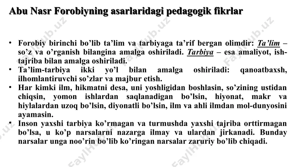 iz kuch bo’lmas. abu abdulloh xorazmiyning didaktik qarashlari: al-xorazmiy bilish nazariyasiga muhim hissa qo’shdi. u birinchilardan bo’lib, induktsiya, deduktsiya, sinov-kuzatish va sinov metodlariga asos soldi. u birinchi marta insonlar o’rtasidagi munosabatlarni matematik shakllarda ifodaladi. hindlarning o’nlik raqamlari xorazmiy tufayli «arab raqamlari» nomi bilan butun dunyoga yoyildi. xorazmiy xindlarning falakiyot jadvallarini tahlil etib, «xorazmiy ziji» nomi bilan mashxur astronomik jadvallar tuzdi abu rayhon beruniyning ilmiy-pedagogik qarashlari: beruniy insonni tabiatning eng oliy kamoloti deb qaraydi. u insonning ma’naviy qiyofasidagi barcha axloqiy xislatlarni yaxshilik va yomonlik kabi ikki turga bo’ladi. beruniy ta’limotiga ko’ra inson kamolotida uch narsa muhim rol o’ynaydi: 1.irsiyat.(oq sut bilan kirsa qaysi bir qiliq, o’lim tutmaguncha o’zgarmas yo’riq) 2.muhit. 3.tarbiya. beruniyning ilmiy bilimlarni egallash yo’llari, usullari haqidagi fikrlari hozirgi davr uchun ham dolzarbdir. u o’quvchiga bilim berishda: -o’quvchini zeriktirmaslik; -bilim berishda bir xil narsani yoki bir xil fanni o’rgatavermaslik; - uzviylik, izchillik; - yangi mavzularni qiziqarli, asosan, ko’rgazmali bayon etish …
