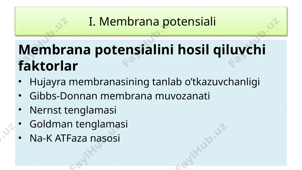 - - funksiyasi neyronni oziqlantiradi gistogematik baryer hosil bo’lishida qatnashadi aksonlarni o’rab miyelin qobiq hosil qiladi fagotsitoz serebrospinal suyuqlikni hosil qilish periferal nerv endonevriy – har bir nerv tolsasi(akson)ni o’raydi(miyelin qavat ustidan) perinevriy – bir nechta nerv tolalaridan iborat tutam(fasciculus)ni o’raydi epinevriy – bir nechta tutamlardan hosil bo’lgan nervni o’raydi mnsdan tashqarida joylashgan bir nechta aksonlar yig’indisi b. biologik aktivligi protein sintezi hamma neyronlar tanasida oqsil sintezlanadi aksonda golji, ept, ribosomalar mavjud emasligi sabab oqsil sintezlanmaydi.barcha kerakli neyromediatorlar va boshqa tuzilmalar somadan aksonga aksonal transport orqali tashib keltiriladi aksonal transport tez – mahsulotlar vezikulalarga o’ralgan holda mikronaychalar orqali tashiladi anterograd – somadan aksonga(mediatorlar) retrograd – aksondan somaga sekin – sitoplazma oqimi orqali, neyrofilamentlar va mikronaychalar subbirliklari, enzimlar tashiladi. foydalanilgan adabiyotlar indu khurana |concise textbook of medical physiology indu khurana |textbook of medical physiology cc chatterjee’s human physiology tuzuvchi: murodxonov abdulaziz to’siqlar osha g’alaba sari birgalikda! e’tiboringiz uchun rahmat image1.jpeg image2.png …