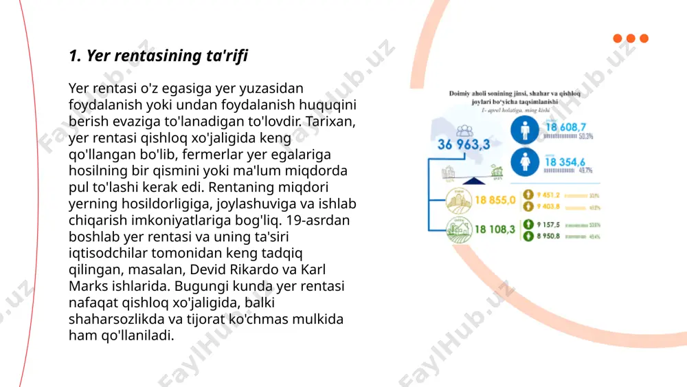 'proq hosil berib, yuqori renta keltiradi. 18-asr oxiri va 19-asr boshida agrar inqilob va sanoat inqilobi davrida yer rentasi tushunchasi yanada rivojlangan. rentaning miqdori, odatda, bozor narxi va yerning tabiiy xususiyatlariga bog'liq. ... t.me/slaydai_bot 7. renta va renta munosabatlari renta – bu yer yoki boshqa tabiiy resurslardan foydalanish uchun to‘lanadigan haq. yer rentesi uch turga bo‘linadi: differensial, absolyut va monopol renta. differensial renta serhosil yerlar foydasidan keladi; absolyut renta esa har qanday yer egaligida olinadi. evropa mamlakatlarida renta tushumi umumiy davlat daromadlarining 3-5%ni tashkil qiladi. o‘zbekistonda qishloq xo‘jaligi yer maydonlarining 50%dan ortig‘i rentaga ega. renta munosabatlari yer resurslarini samarali boshqarish va resurslardan optimal foydalanishni ta’minlashi lozim. 2022 yilda o‘zbekiston yalpi ichki mahsulotida qishloq xo‘jaligining ulushi 27%ni tashkil qilgan bo‘lib, renta iqtisodiyotning ushbu sektorida muhim ahamiyatga ega. ... t.me/slaydai_bot renta va sug'urta munosabatlari ikki iqtisodiy tushunchadir. renta ko'plab mamlakatlarda yer egaligidan olinadigan daromad bo'lib, yer narxining o'sishi yoki ijaradagi farqdan kelib …