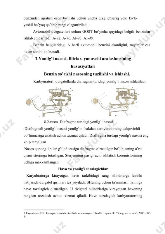 gichlar karyubratorga kirayotgan havo tarkibidagi rang silindrlarga kirishi natijasida dvigatel qismlari tez yeyiladi. shuning uchun ta’minlash tizimiga havo tozalagich o’rnatilgan. u dvigatel silindrlariga kirayotgan havoning rangdan tozalash uchun xizmat qiladi. havo tozalagich karbyuratorning yuqorigi qismiga o’rnatilgan. avtomobil dvigatellarida enertsiyali–moyli havo tozalagich keng tarqalgan. dag’al tozalagichlar uning tozalaydigan qismi 0,05 mm qalinlikda shtamplab tayyorlangan plastinalar tashkil topgan. yonilg’i plastinalar orasidagi tirqishdan o’tib tozalanadi. mayin tozalagich. g’ilof tindirgich stakan, purjina, maxkamlashgan changagidan iborat bo’lib, stakan ichida keramik tozalagich yoki rulon qilib o’ralgan mayda to’r sim bor. yonilg’i bu tozalovchi tarkibi qismlardan o’tganda uning juda mexanik zarralarini ushlab qoladi, natijada yonilg’i yaxshi va sifatli tozalanadi. ba’zi bir mayin tozalagichlarda yonilg’idagi metal zarrachalarini ushlab qolishi uchun magnit qo’yiladi. 3. yonuvchi aralashmaning tarkibi, uning dvigatel ishiga ta’siri. yonilg’i aralashmasining tarkibi va uning xususiyatlari. benzin dvigatel silindrlarda yonish jarayoni vaqtida to’la yonishi uchun uni havo bilan yaxshi va bir tekis aralashtirish lozim. bu jarayon tirsakli 2500-4000 …