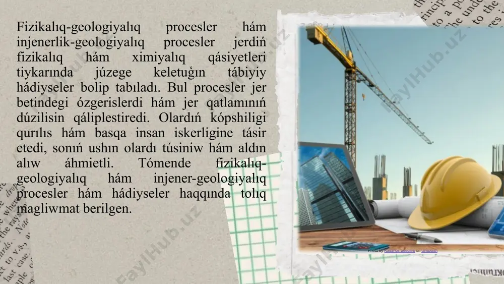 hám jerge islew beriwde jer astı suwları menen baylanıslar. bul suwdıń joqarı dárejede boliwi yamasa kemeyiw procesi. tásiri:suwdıń joqarıǵa shıǵıwı topıraqtıń kúshsizleniwine, qurilislar ushın qáwip payda yetiwi múmkin. sonday-aq, jer astı suwlarınıń kóbeyiwi qurılıstıń turaqlılıǵın tómenletedi hám jerdiń qısılıwı yamasa baǵdarınıń ózgeriwine alıp keledi. fizikalıq-geologiyalıq hám injenerlik-geologiyalıq processlerdiń qurılısqa tásiri. fizikalıq-geologiyalıq hám injener-geologiyalıq procesler qurılıstıń barlıq basqıshlarına tásir kórsetedi. qurilis materiallarınıń qásiyetleri:geologiyalıq procesler jer qatlamlarınıń fizikalıq-ximiyalıq qásiyetlerin ózgertiriwi múmkin, bul bolsa qurilis materiallarınıń sapasına tásir etedi. imaratlardıń turaqlılıǵı:eroziya, jer silkiniwleri yaki jerdiń eriwi qurilis imaratlarınıń turaqlılıǵın tómenletiwi, jaraqatlanıwına alıp keliwi múmkin. topiraqtı jaqsılaw hám bekkemlew:geologiyalıq qásiyetlerge sáykes túrde topıraqtı jaqsılaw hám bekkemlew zárúrligi júzege keliwi múmkin, sebebi ayırım túrdegi topıraq imaratlar ushın sáykes kelmewi múmkin. itibarin'iz ushun raxmet! image1.png image2.png image3.png image4.png image5.png image6.png image7.png image8.png image9.png image10.png image11.png image12.png image13.png image14.png image15.png image16.png image17.png image56.png image57.png image58.png image25.png image26.jpeg image27.png image28.png image59.jpg image60.png image61.png image62.png image52.png image53.png image54.png image55.png