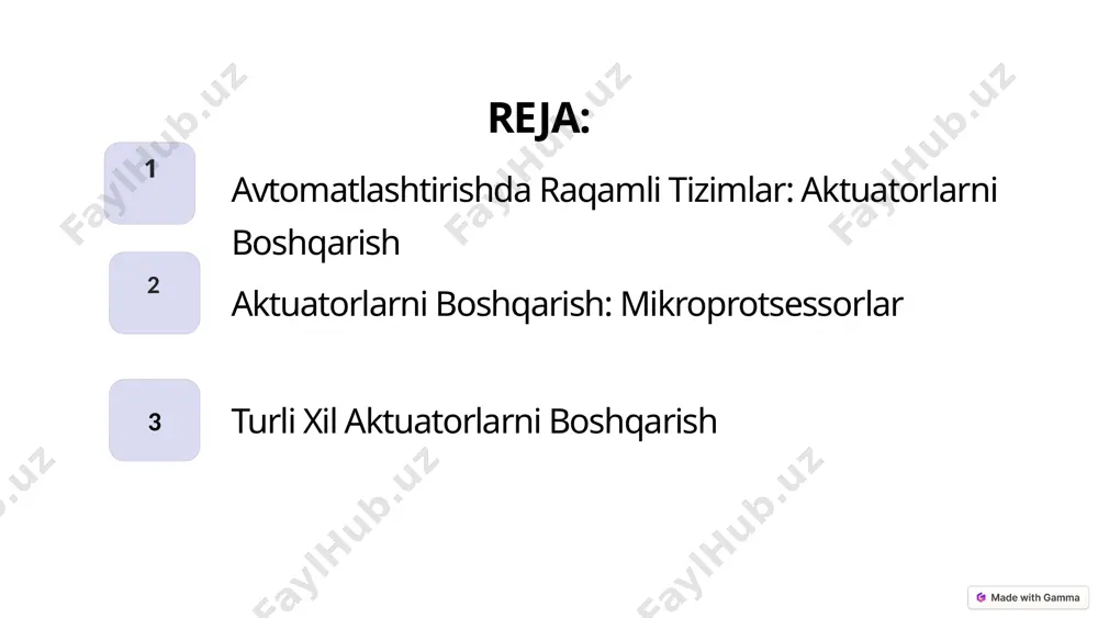 imkonini beradi, katta hajmdagi ma'lumotlarni tez va samarali uzatishga imkon beradi. simsiz aloqa simsiz aloqa protokollari, masalan, bluetooth yoki wi-fi, harakatlanuvchi aktuatorlarni boshqarishda qulaylik yaratadi. 6 boshqarish tizimlarining afzalliklari 1 aniqlik 2 samaradorlik 3 ishonchlilik 4 avtomatizatsiya 5 tezkorlik 7 turli xil aktuatorlarni boshqarish elektr motorlar elektr motorlar aylanma harakatni hosil qiladi, bu esa transport tasmalar, pompalar va boshqa mexanizmlarni boshqarishga imkon beradi. gidravlik tsilindrlar gidravlik tsilindrlar kuchli chiziqli harakatni ta'minlaydi, bu esa yuklarni ko'tarish va pastga tushirish kabi vazifalar uchun foydalaniladi. pnevmotik aktuatorlar pnevmotik aktuatorlar havo bosimi bilan boshqariladi, bu esa tezkor va ishonchli harakatni ta'minlaydi. 8 dasturiy ta'minotning roli 1 dasturlash dasturiy ta'minot orqali aktuatorlarning harakatini sozlash, dasturlar yaratish va boshqarish tizimlarini boshqarish mumkin. 2 monitoring dastur orqali aktuatorlarning ishlashini kuzatish, ma'lumotlarni tahlil qilish va xatolarni aniqlash mumkin. 3 avtomatlashtirish dasturiy ta'minot jarayonlarni avtomatlashtirishga yordam beradi, bu esa ish samaradorligini oshirishga imkon beradi. 9 amaliy qo'llanmalar 1 robotlar …