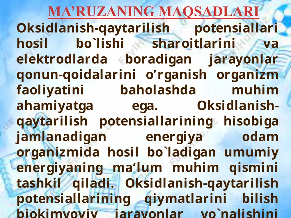 +] katta tez harakatlanuvchi vodorod ionlari yuqori konsentrasiyali eritmadan kichik konsentrasiyali eritmaga o`ta boshlaydi. kichik konsentrasiyali eritma musbat, yuqori konsentrasiyali eritma manfiy zaryadlanib, muvozanat qaror topganda ikki eritma chegarasida potensiallar ayirmasi vujudga keladi. biologik sistemalardagi diffuziya potensiali biologik sistemalarda ham diffuziya potensiali hosil boladi: hugayra tashqi qavati shikastlanganda, uning tanlab o`tkazish hususiyati buziladi va elektrolitlar, konsentrasiyalari farqi hisobiga, hujayradan tashqariga yoki hugayra ichiga diffuziyalanadi. shunda tabiyati boyicha diffuziya potensiali bo`lgan – shikastlanish potensiali hosil bo`ladi. uning qiymati 30-40 mv ni tashkil qiladi. kontakt potensiali kontakt potensiali - ikki hil metall to’qnashish chegarasida hosil bo`ladi: - + cu fe faol metall musbat, nofaol metall manfiy zaryadlanadi e membrana potensiali membrana potensiali - membraning ikki tarafidagi ionlar konsentratsiya- sining farqi hisobiga hosil bo`ladi. hujayra ichida kaliy ionlari ko`proq va natriy ionlari kamroq bo`ladi. hujayradan tashqarida bunga teskari holat kuzatiladi. hujayra membranasi orqali ionlar otishi natijasida, uning chegarasida tinch holat potensiali hosil bo`ladi. …
