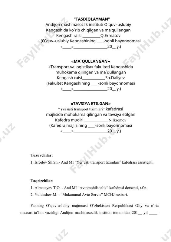 ari olib boriladi va texnika xavfsizligi qoidalari bilan tanishganligi yuzasidan dalolatnoma tuzilib, imzo qo`yiladi. amaliy mashg`ulotlariga tayyorlanishda talaba bajariladigan ish mavzusining maqsadi, umumiy ma`lumotlar, jihozlar va adabiyotlar, amaliy qismlarni o`rganib, hisobot yozish qismidagi berilgan barcha savollarga to`liq javob yozishlari, chizmalarni chizishlari, hisoblash ishlarini bajarib jadvallarni to`ldirishlari zarur. bundan tashqari talaba ish mavzusi bo`yicha kеrakli umumiy ma`lumotlar bilan chuqur tanishib chiqmog`i kеrak. darsga talaba tayyorlangan holda kеlib, o`zi bilan birga qalam, o`chirgich, chizgichlar va standrt formatdagi oq qog`oz kabi ishni bajarish uchun kerakli o`quv qurollarini olib kеlishi kеrak. amaliy mashg`ulot ishini bajarilgan dеb hisoblash uchun, talaba ishga doir nazariy matеriallarni puxta o`zlashtirishi, tеgishli sinov tajribalarini o`tkazishda qatnashishi va ish yuzsidan kеrakli sxеma, grafik va hisobotlarini tayyorlashi zarur. talabalar bilimini baholashning reyting tizimiga asosan 100 ballik tizimda talabalar fan bo`yicha baholanadi. nizomga asosan joriy nazoratga - 35 ball, oraliq nazoratga – 35 ball va yakuniy baholashga – 30 ball beriladi. fan bo`yicha …