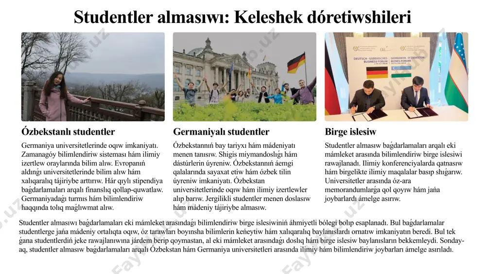 ám basqa da tarawlardı qamtıp aladı. birgeliktegi izertlewler nátiyjesinde jańa texnologiyalar jaratıladı, ilimiy maqalalar basıp shıǵarıladı hám xalıqaralıq konferenciyalarda prezentaciyalar ótkeriledi. bul bolsa, eki mámlekettiń ilimiy potencialın arttırıwǵa xızmet etedi. biologiya hám biotexnologiya tarawında genetikalıq izertlewler alıp barıw, jańa dári quralların islep shıǵıw hám awıl xojalıǵı tarawındaǵı innovaciyalardı ámelge asırıw boyınsha birge islesiw jedel rawajlanbaqta. energetika tarawında qayta tikleniwshi energiya dáreklerinen paydalanıw, energiya nátiyjeliligin arttırıw hám turaqlı energetika sistemaların jaratıwǵa qaratılǵan joybarlar ámelge asırılmaqta. málimleme texnologiyaları tarawında jasalma intellekt, úlken maǵlıwmatlar analizi hám sanlı texnologiyalardı rawajlandırıw boyınsha birgeliktegi jumıslar alıp barılmaqta.bul tarawlardaǵı birge islesiw tek ǵana ilimiy izleniwler alıp barıw emes, al bilimlendiriw tarawında da úlken áhmiyetke iye. birgeliktegi joybarlarda studentler hám jas ilimpazlar qatnasıp, germaniyanıń aldınǵı universitetleri hám ilimiy oraylarında tájiriybe arttırıw imkaniyatına iye boladı. bul bolsa, ózbekstannıń ilimiy kadrlar potencialın arttırıwǵa járdem beredi. 6 akademiyalıq mobillikti arttırıw hám xalıqaralıq akkreditaciyalardı engiziw. ózbekstannıń bilimlendiriw sistemasında akademiyalıq mobillikti arttırıw hám …