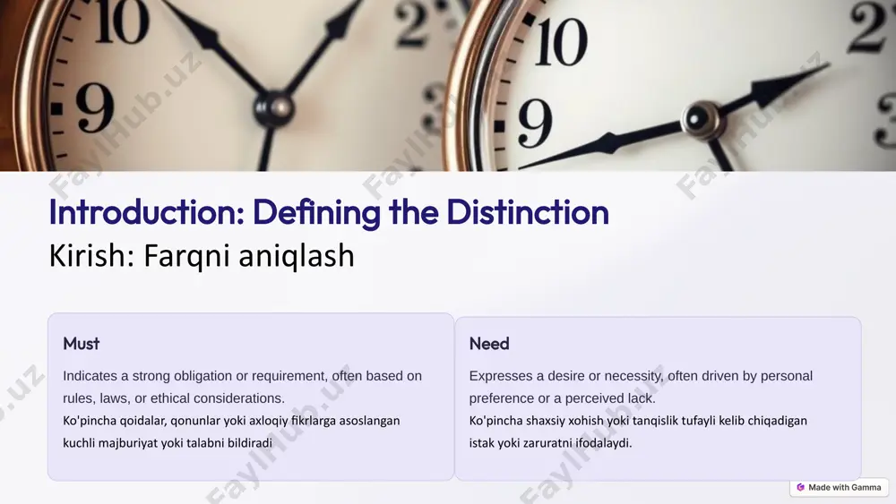 desire or necessity, but without the forcefulness of "must". istak yoki zaruratni ifodalaydi, lekin "kerak" ning kuchsizligisiz. 6 personal preferences vs. professional responsibilities shaxsiy imtiyozlar va kasbiy mas'uliyat professional "must" emphasizes obligations and adherence to standards. "must" majburiyatlarni va standartlarga rioya qilishni ta'kidlaydi. personal "need" reflects desires, preferences, and individual motivations. "ehtiyoj" istaklar, imtiyozlar va individual motivatsiyalarni aks ettiradi. 7 avoiding ambiguity: clarifying the difference 1 context provide background information to ensure the meaning is clear. ma'no aniq bo'lishini ta'minlash uchun asosiy ma'lumotni taqdim eting. 2 specificity use precise language to avoid misinterpretations. noto'g'ri talqin qilishning oldini olish uchun aniq tildan foydalaning. 3 verification confirm understanding to avoid misunderstandings. tushunmovchiliklarga yo'l qo'ymaslik uchun tushunishni tasdiqlang. 8 practical application: real-world scenarios project deadline must submit the project by friday. it's a non-negotiable requirement. loyihani juma kunigacha topshirish kerak. bu muzokaralar olib bo'lmaydigan talab. personal goals need to finish my writing project …