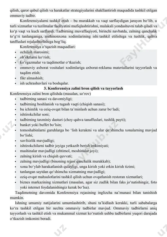 ni t-turi bo‘yicha joylashtirish 2-rasm. stolni p-turi bo‘yicha joylashtirish 3-rasm. stolni v-turi bo‘yicha joylashtirish rasmiy banketda asosiy stol (top table) mavjud bo‘lib, u yerda eng sharafli mehmonlar (tug‘ilgan kunlar) joylashtiriladi. ushbu jadval har doim birinchi navbatda xizmat ko‘rsatadi. keyin qolgan mehmonlar joylashtiriladi. normalarga ko‘ra barcha mehmonlarga 7 daqiqa davomida ovqat berilishi kerka. ziyofat zalidagi barcha stollar raqamlanadi, stollardagi raqamlar esa zalning kirishidan osongina o‘qilishi uchun o‘rnatiladi. ziyofat zalidagi stollarning kengligi kamida 75 sm bo‘lishi kerak, bir mehmon uchun 50-60 sm stol beriladi. ziyofat zalining umumiy maydoni bir mehmon uchun 1-1,4 km bo‘lishi kerak. 2. mehmonxonalarda konferensiyalarni boshqarish konferensiya – dolzarb va dolzarb masalalarni muhokoma qilish, biznes, tibbiyot, siyosat, tajriba almashish sohasida asosiy tezislarni shakllantirish, so‘ngra natijalarni sarhisob qilish, qaror qabul qilish va harakatlar strategiyalarini shakllantirish maqsadida tashkil etilgan ommaviy tadbir. konferensiyalarni tashkil etish – bu murakkab va vaqt sarflaydigan jarayon bo‘lib, u turli xizmatlar va tuzilmalar faoliyatini mufiqlashtirishni, malakali yondashuvni …