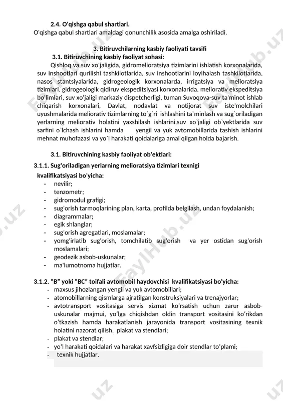 yonida yuzaga kelgan nosozliklarni xavfsizlik texnikasi talablariga rioya etgan holda bartaraf etish; transport vositasini texnik qarovida hamda yuk ortish, tushirishda xavfsizlik texnikasi qoidalariga rioya etish; avtomobillarni boshqarish. 4. ta'lim dasturini o'zlashtirgan bitiruvchining umumiy va kasbiy kompetensiyalariga qo'yiladigan talablar 4.1. 40811203-sug'oriladigan yerlarning melioratsiya tizimlari kasbi bitiruvchilari umumiy kompetensiyasiga qo'yiladigan talablar: ptm bitiruvchisi quyidagi umumiy kompetentsiyalarga ega bo'lishi kerak: uk-1.kasbiy faoliyat doirasida vujudga keladigan turli masalalar yechimini topish usullarini tanlay olish; uk-2.rahbar tomonidan belgilangan maqsadga erishish uchun jamoada ishlay olish; uk-3.o'zining kasbiy malakasini va shaxsiy kamolotini takomillashtirib bo-rish; uk-4.jamoada va ma'lum vazifani bajarishga yo'naltirilgan guruhda ishlash, hamkasblar, rahbarlar va mijozlar bilan samimiy, xushmuomala va samarali muloqot qilish; uk-5.ta'lim olgan tilida fikrini og'zaki va yozma ravishda ravon bayon qilish; uk-6.umuminsoniy fazilatlarga ega bo'lish, o'z millatini va vatanini sevish, u bilan faxrlanish, milliy urf-odatlar, qadriyatlarni hurmat qilish; uk-7.professional vazifalarni samarali bajarish uchun zarur bo'ladigan ma'lumotlarni qidirish; uk-8.kasbiy faoliyatida axborot-kommunikatsiya texnologiyalarini qo'llash; uk-9. kasbga doir …