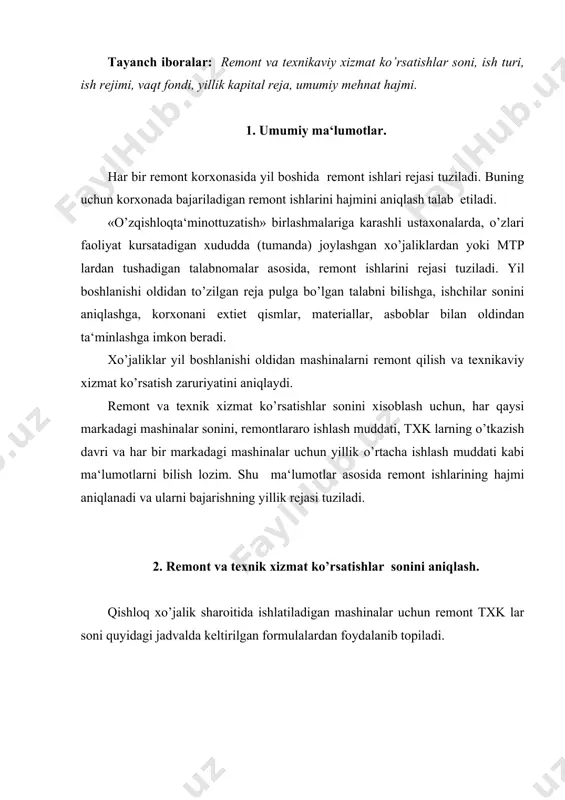 formulalardan foydalanib topiladi. jadval. remont va txk lar sonini xisoblash formulalari qaysi turdagi texnikalar uchun xizmat kursa-tish to’rining belgilanishi hisoblash formulasi 2 3 4 traktor, kombayn va avtomobillar uchun kapital remont soni kr nk= traktorlar uchun joriy remont va txk jr nj= embed equation.3 3-txk nz= 2- txk nz= 1-txk nz= mtxk nm= 2* n * k stxk ns = (1-k) * n kombaynlar va murakkab qishloq xo’jalik texni-kalari uchun joriy remont va txk lar soni jr va 2-txk nj,g = 2- txk nz= 1- txk nz= stxk nc = 2*n oddiy qishloq xo’jalik mashinalari jr nj = n jadvalga izox: vy – mazkur markali har bir mashinaning rejalashtirilgan o’rtacha yillik bajariladigan ish hajmi (moto-soat yoki km); n – xo’jalikdagi mazkur markadagi mashinaning mos ravishda apital,joriy va 3,2,1 – txk lar oraligida ishlash muddati ; (3 - zonalarga bog’liq koeffitsient; (e – mtp da yesh tarkibini xisobga oluvchi koeffitsient (ya‘ni,birinchi …
