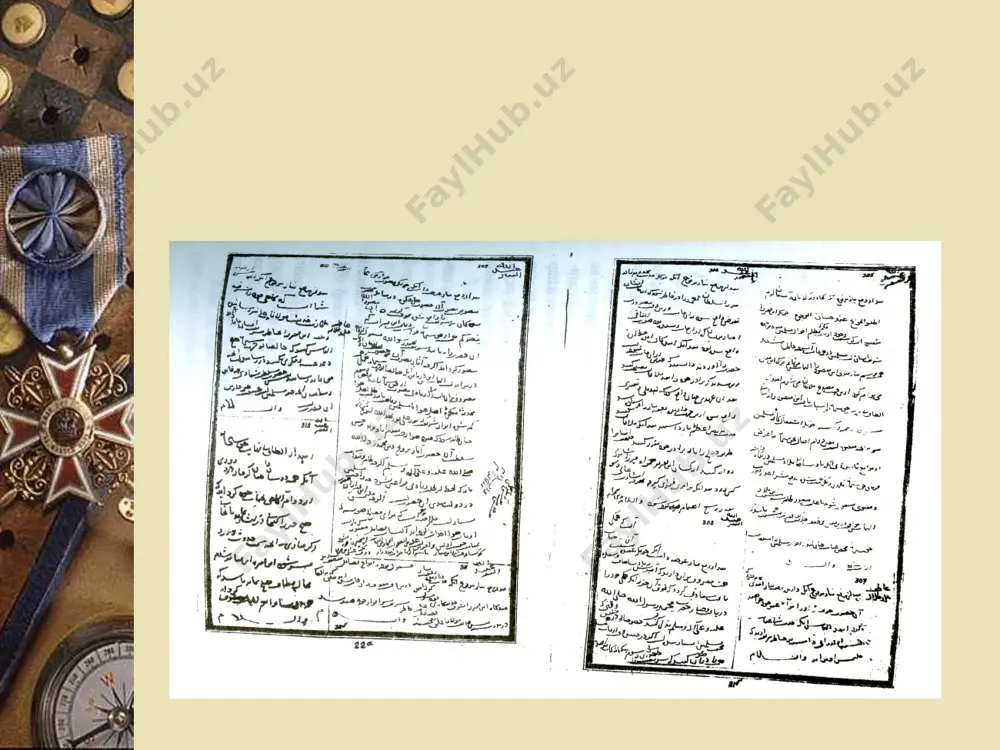 to’rt bo’lakni qismish, yig’mish, yoymish, bosmish ul xon yo’q bo’lgandan so’ngra el yo’q bo’lmish, qochishmish). 3.2. xitoy manbalari 3.3. sug’d tilidagi manbalar 4. 9-15asr tarixiga oid manbalar 9-12-asr boshlarida o’rta osiyo mutafakkirlarining madaniy manbalari; 9-12-asrlarda yozma adabiyotga oid manbalar; 13-14-asr boshlarida madaniy manbalar; 13-14-asr boshlarida tarixiy manbalar. 4.1. 9-12-asr boshlarida o’rta osiyo mutafakkirlarining madaniy manbalari al-xorazmiy(“al-jabr val muqobala” asari) axmad al-farg’oniy(“astronomiya asoslari” asari) imom al-buxoriy(“al-jomi’ as-saxix” asari) al-moturidiy (“kitob at- tavxid”asari) al-marg’inoniy(“hidoya” asari) abu nasr forobiy(“fozil odamlar sharhi”asar) ibn sino(“al-qonun fit-tib”asari) beruniy(“qadimgi xalqlardan qolgan yodgorliklar”asari) maxmud zamaxshariy(“al-mufassal”asari) al-xorazmiy asarlari “al-jabr val –muqobala” “hind hisobi haqida” “kitob surat ul-arz” “zij” va”usturlob bilan ishlash haqida kitob” “kitob at-tarix” “yaxudiylarning taqvimi va bayramlarini aniqlash haqida risola” “al-jabr val-muqobala” kitobi matematika tarixida 1- bo’lib algebra faniga asos soldi al-farg’oniy ning “astronomiya asoslari” kitobi “astronomiya asoslari”kitobi bir necha asrlar davomida yevropa universitetlarida astronomiya fani bo’yicha asosiy darslik sifatida foydalanildi imom al-buxoriy “al-jomi’ as-saxix”asari “al-jomi’ as-saxix” …
