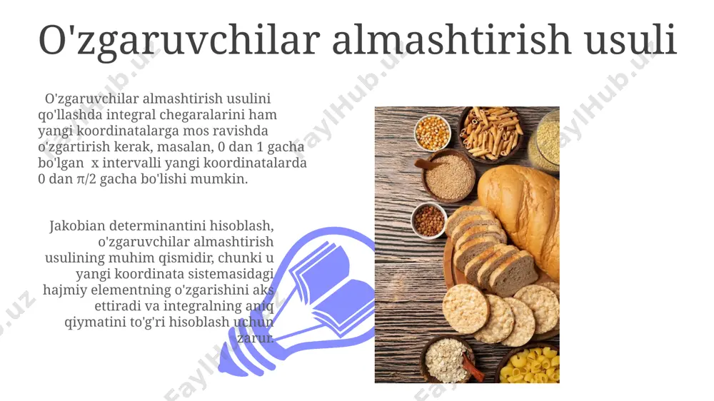isoblash mumkin. markazni hisoblashda zichligi o'zgarib turadigan jismning massasini aniqlash uchun zichlik funksiyasi f(x,y,z) ning uch karra integrali hisoblanadi. masalan, zichligi x²+y²+z² ga teng bo'lgan kubning massasini topish mumkin. uch karra integral tushunchasi uch karra integral, uch o'lchovli fazoviy sohada funksiyaning hajmli integralini hisoblash uchun ishlatiladi va 6 ta chegaradan iborat bo'lib, ikki karra integrallarga qaraganda murakkabroq hisoblanadi. uch karra integrallarni qo'llash sohalari juda keng: hajmlarni, massa markazini, inersiya momentini va 3 o'lchovli maydonlarda turli fizik kattaliklarni hisoblashda keng qo'llaniladi. fizikaviy va texnik masalalarda qo'llanilishi fizikada, masalan, 10 kg zichlikdagi 3 o'lchovli maydonning umumiy massasini hisoblashda uch karra integral qo'llaniladi; bu holda zichlik funksiyasi doimiy bo'ladi. muhandislikda, 3 o'lchovli sohalarda massani, inersiya momentini yoki markazni topishda, integral chegaralari geometrik shaklga bog'liq bo'ladi. massani hisoblash 01 02 masalan, zichligi ρ(x, y, z) = x² + y² + z² bo'lgan, 0 ≤ x ≤ 1, 0 ≤ y ≤ 2, 0 ≤ …
